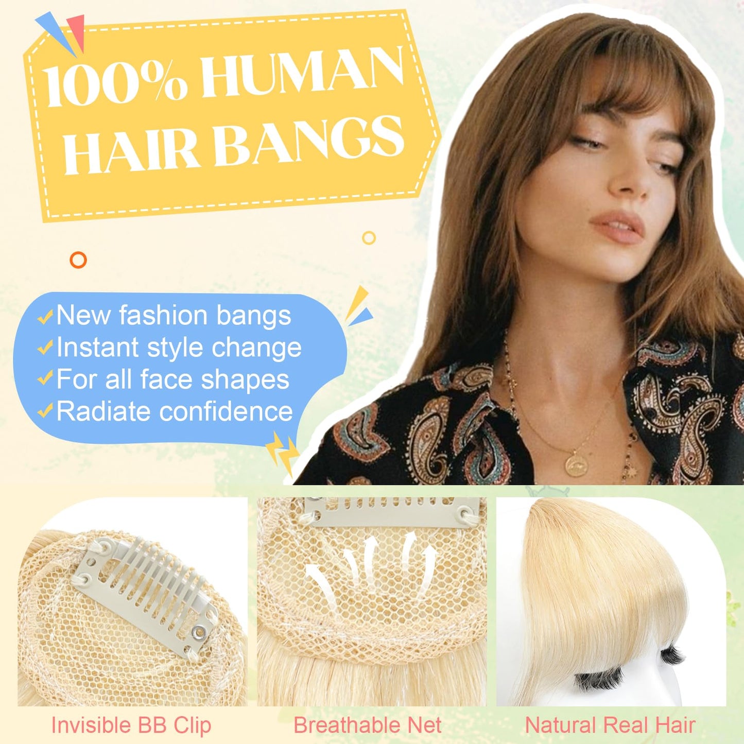 Cephermer Clip in Bangs - 100% Human Hair Wispy Bangs Hair Clip Fake Bangs Fringe with Temples Hairpieces Air Bangs for Women Bleach Blonde