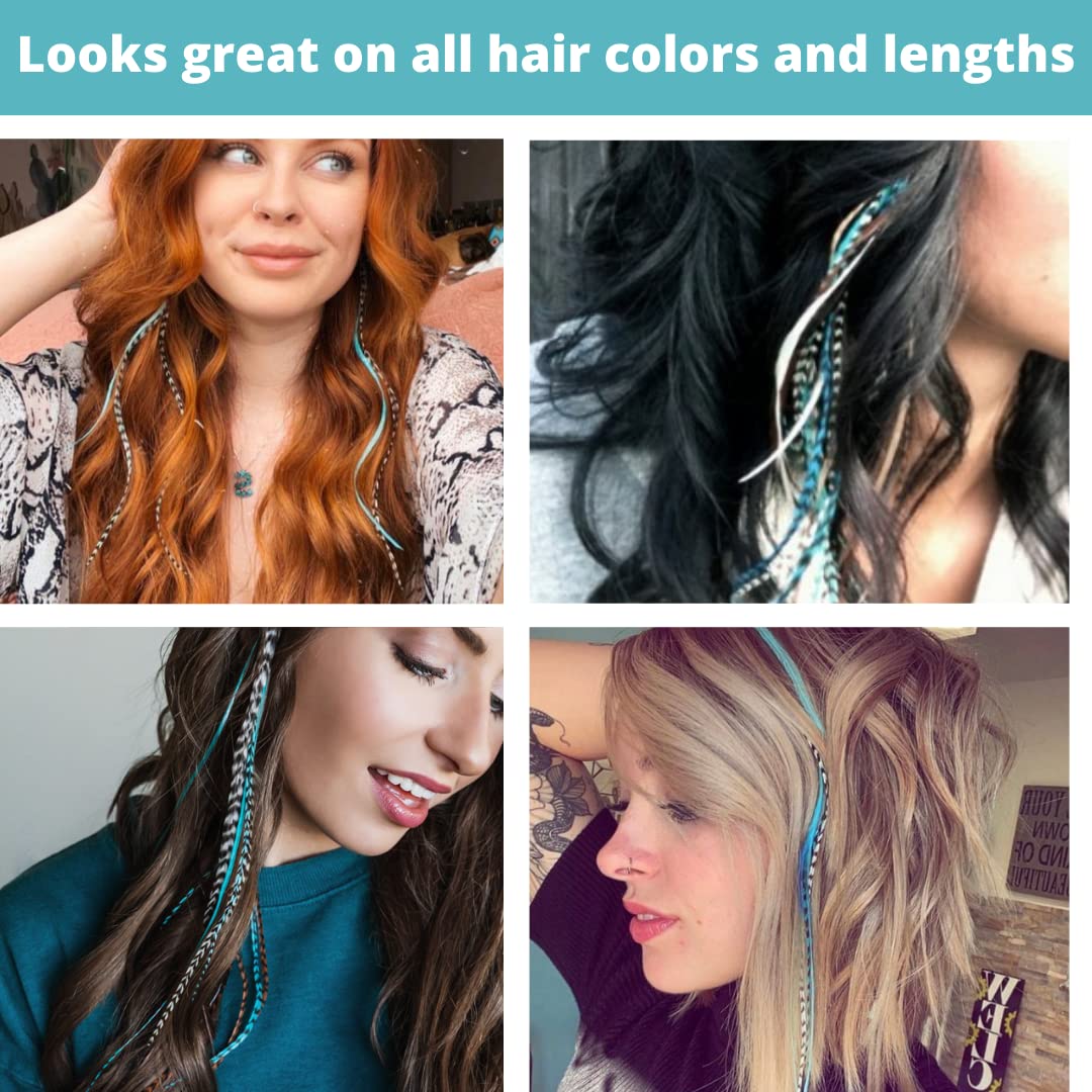 Hair Feathers Extensions Kit, Long Real Rooster Feathers for Hair with DIY Microlink Beads and Loop Tool, Western Turquoise Blue and Brown Naturals