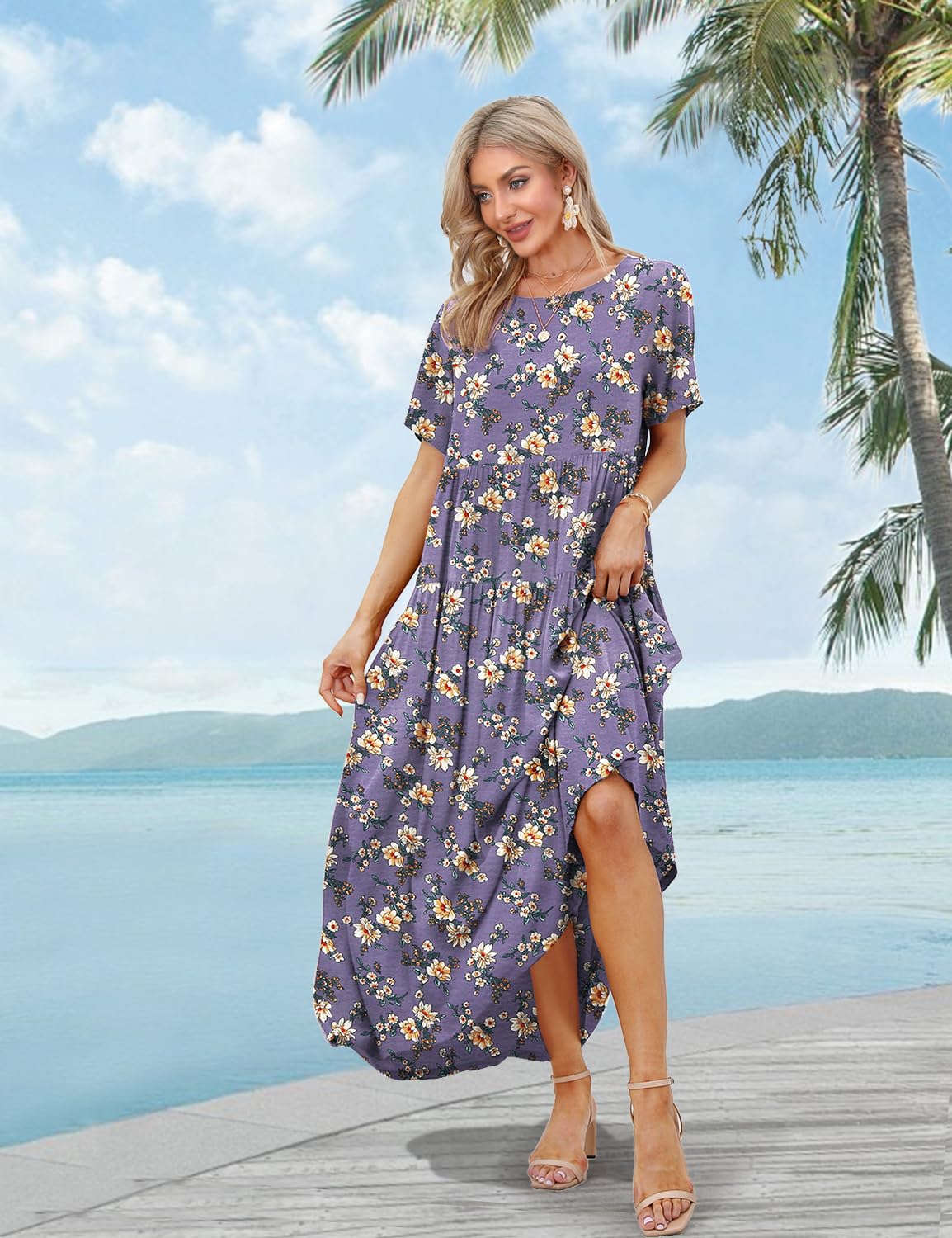 YESNO Women Casual Loose Bohemian Floral Dress with Pockets Short Sleeve Long Maxi Summer Beach Swing Dress XS EJF CR08 Purple