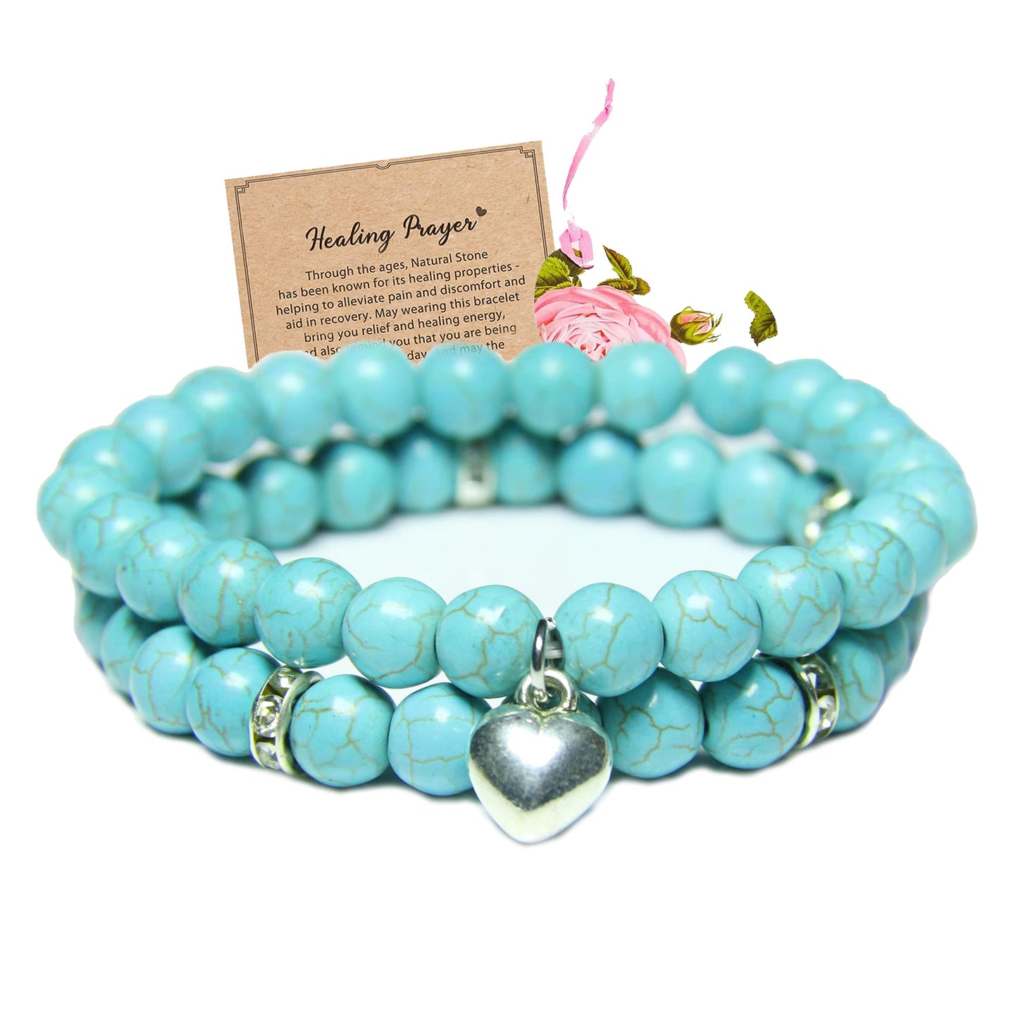 Healing Bracelets for Women - Turquoise Bracelet - Healing Prayers Crystal Bracelet, 8mm Natural Stone Anti Anxiety Stress Relief Yoga Beads Get Well Soon Gifts