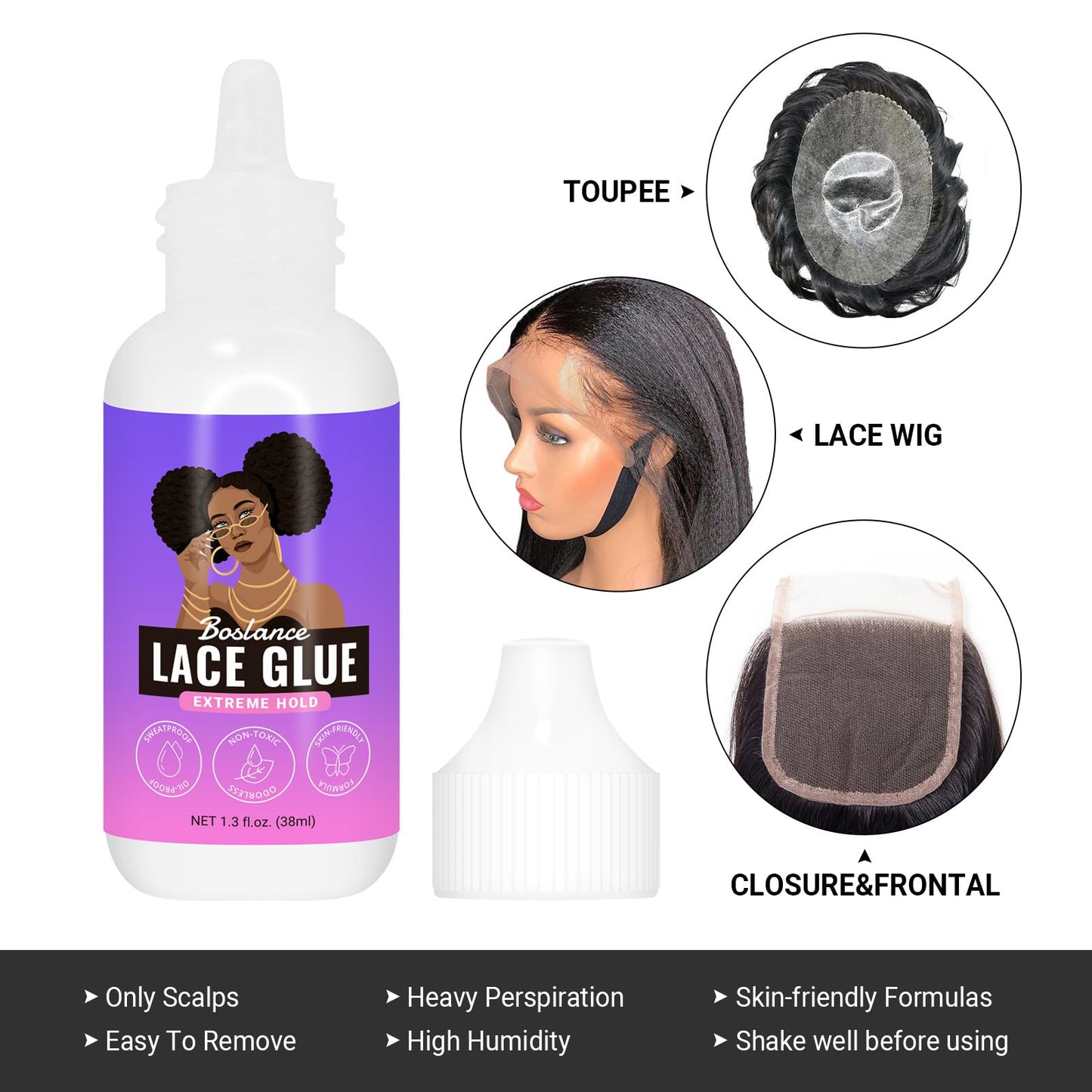 Boslance Lace Wig Glue for Lace Front Wigs，2 Pcs HD Wig Cap Stocking Caps Invisible Hd Wig Cap Sheer Stocking Caps for Wigs，2 Pcs Elastic Bands for Wigs Features Velcro Strap to Lays Down Edges