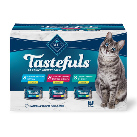 Blue Buffalo Tastefuls Flaked Wet Cat Food Variety Pack, Made with Natural Ingredients | Tuna, Chicken, Fish & Shrimp, 5.5-oz. Cans (24 Count, 8 of Each)