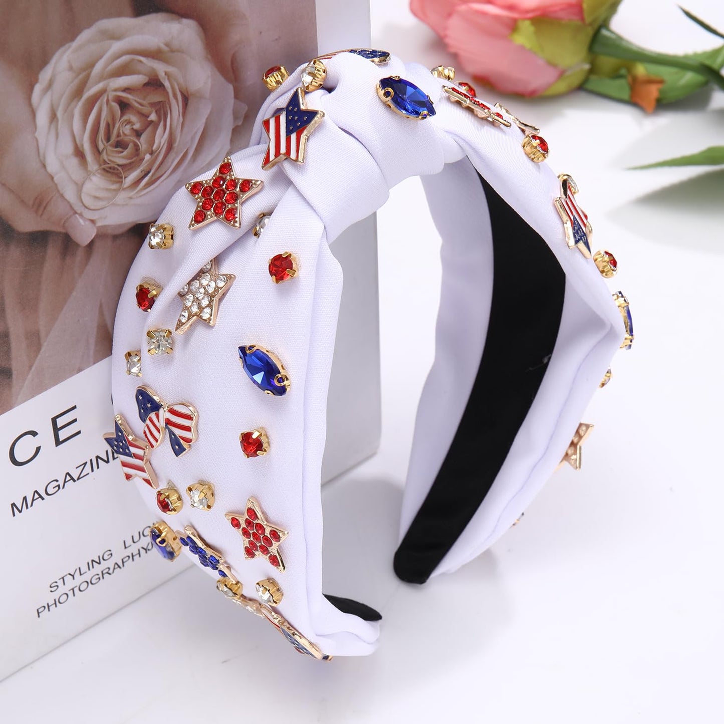 4 th of July Headband for Women American Flag Knottted Headband Star USA Charm Fourth of July Patriotic Headband Headpiece Red White and Blue Crystal Top Knot Wide Hairband Hair Accessories Gift (white patriotic headband)