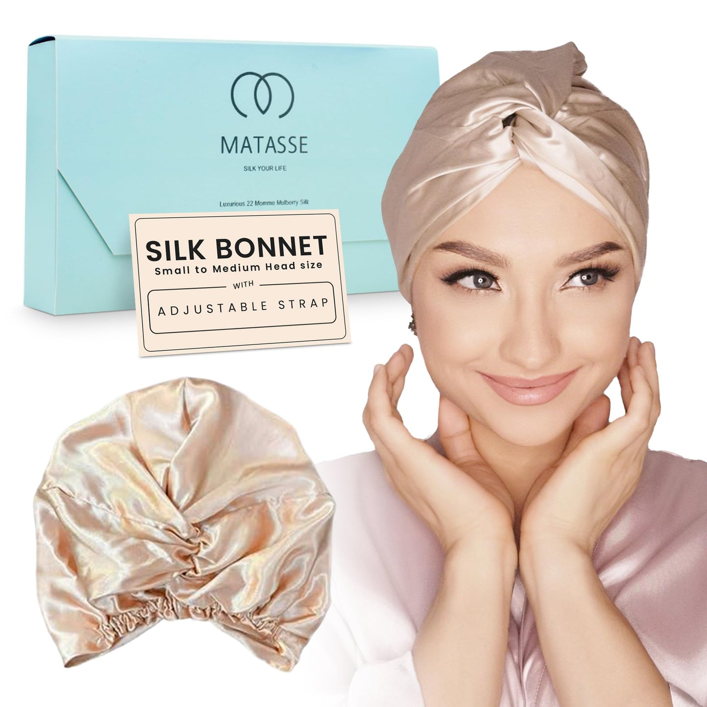 MATASSE Silk Bonnet for Sleeping - Adjustable Bonnet for Curly and Straight Hair, 22 Momme Silk Sleep Cap, Real Mulberry Silk on Both Sides, Bonnets for Women (Champagne)