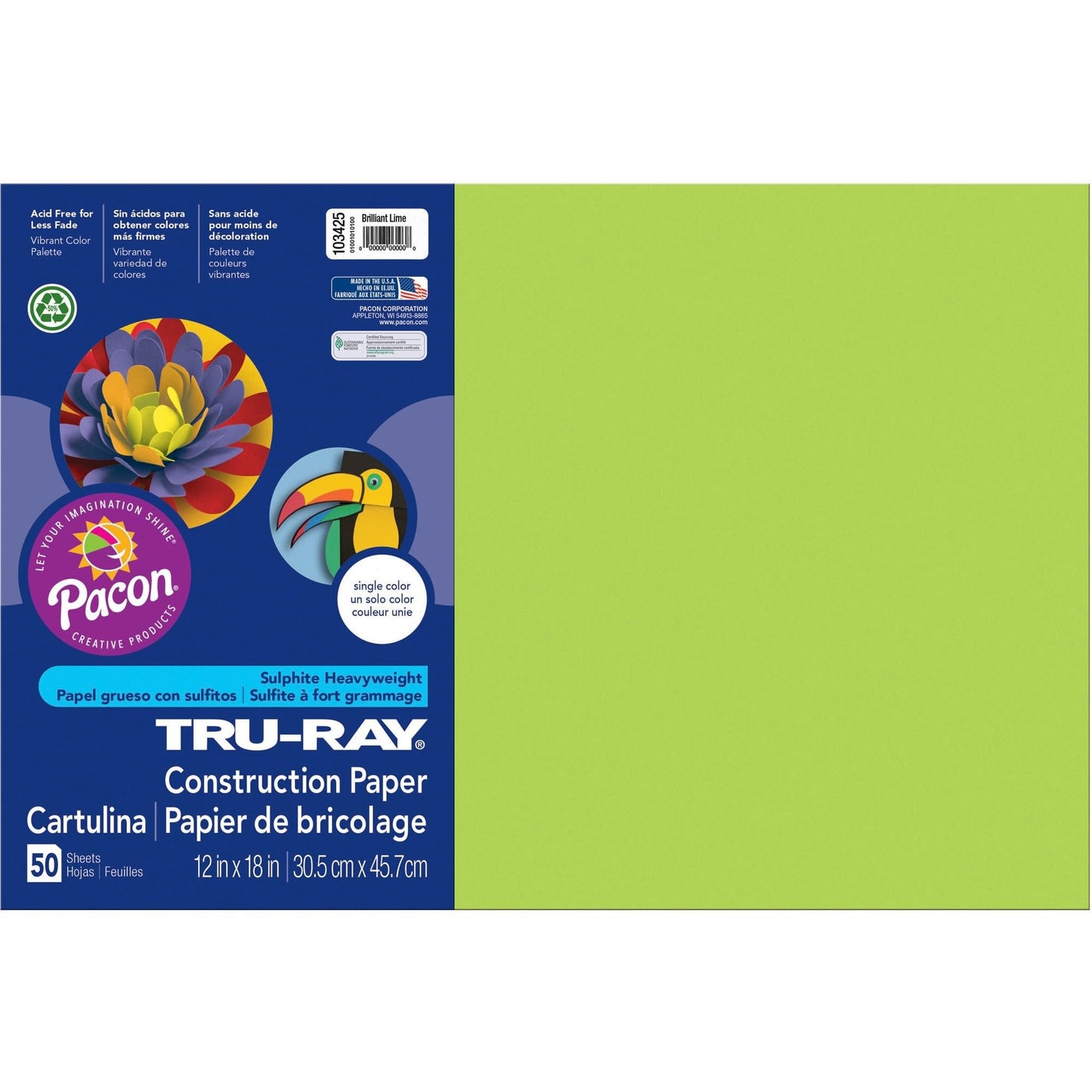 Tru-Ray® Construction Paper, 50% Recycled, 12" x 18", Brilliant Lime, Pack Of 50