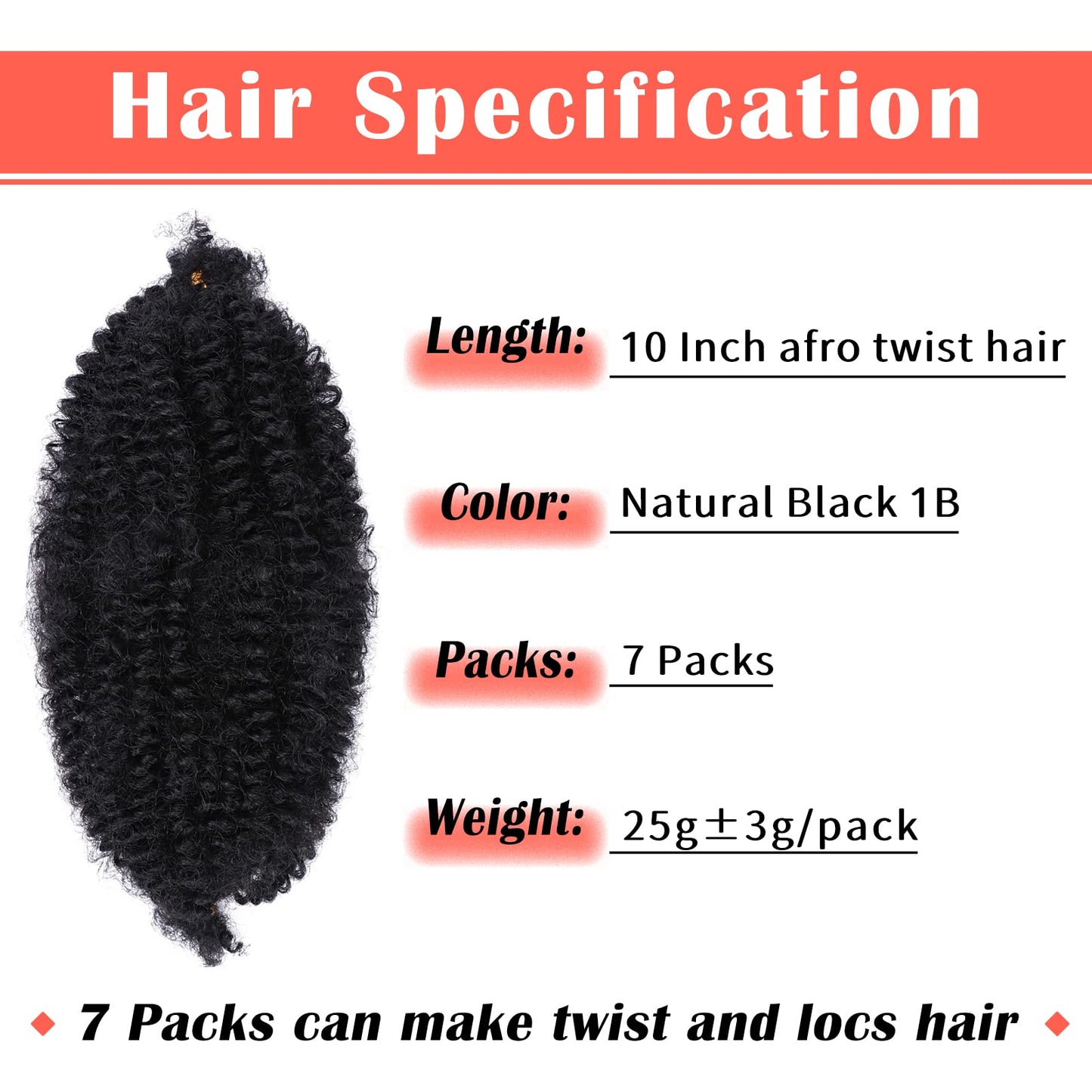 Marley Hair 10 Inch 7 Packs Pre Separated Springy Afro Twist Hair Marley Twist Braiding Hair for Faux Locs Crochet Hair Pre Fluffed Spring Twist Hair Extensions (10",1B)