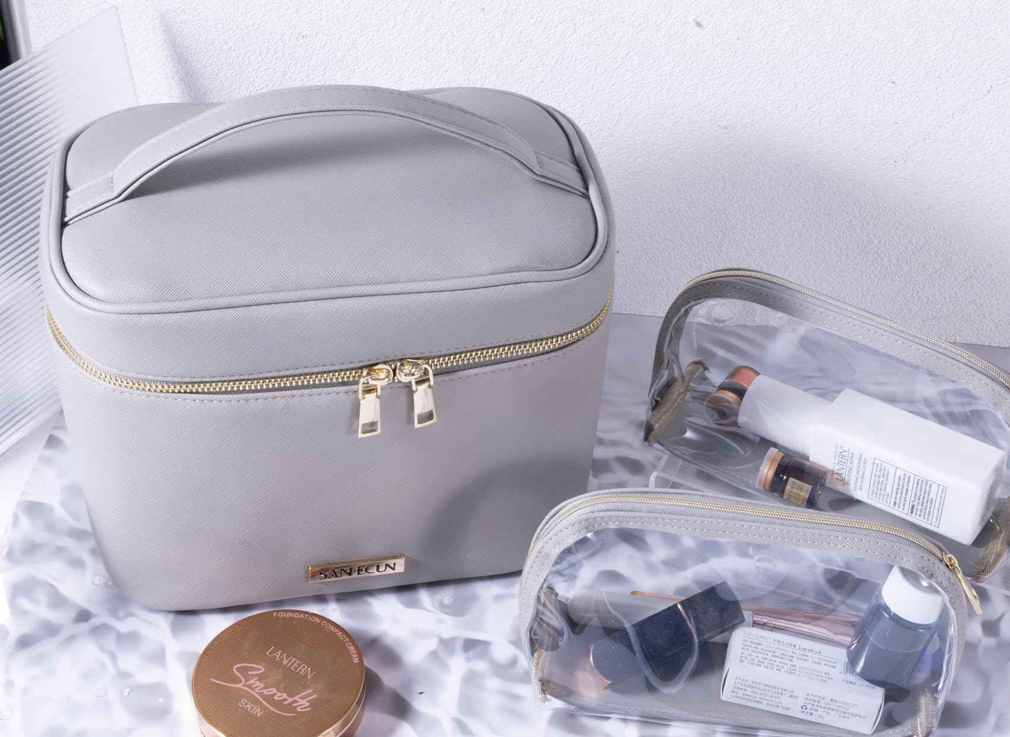 SANHECUN Travel Cosmetic Makeup Essentials Bag case Brush Case Wash Bag Cosmetic Pouch 3 Pcs Set Organization (3, Grey)