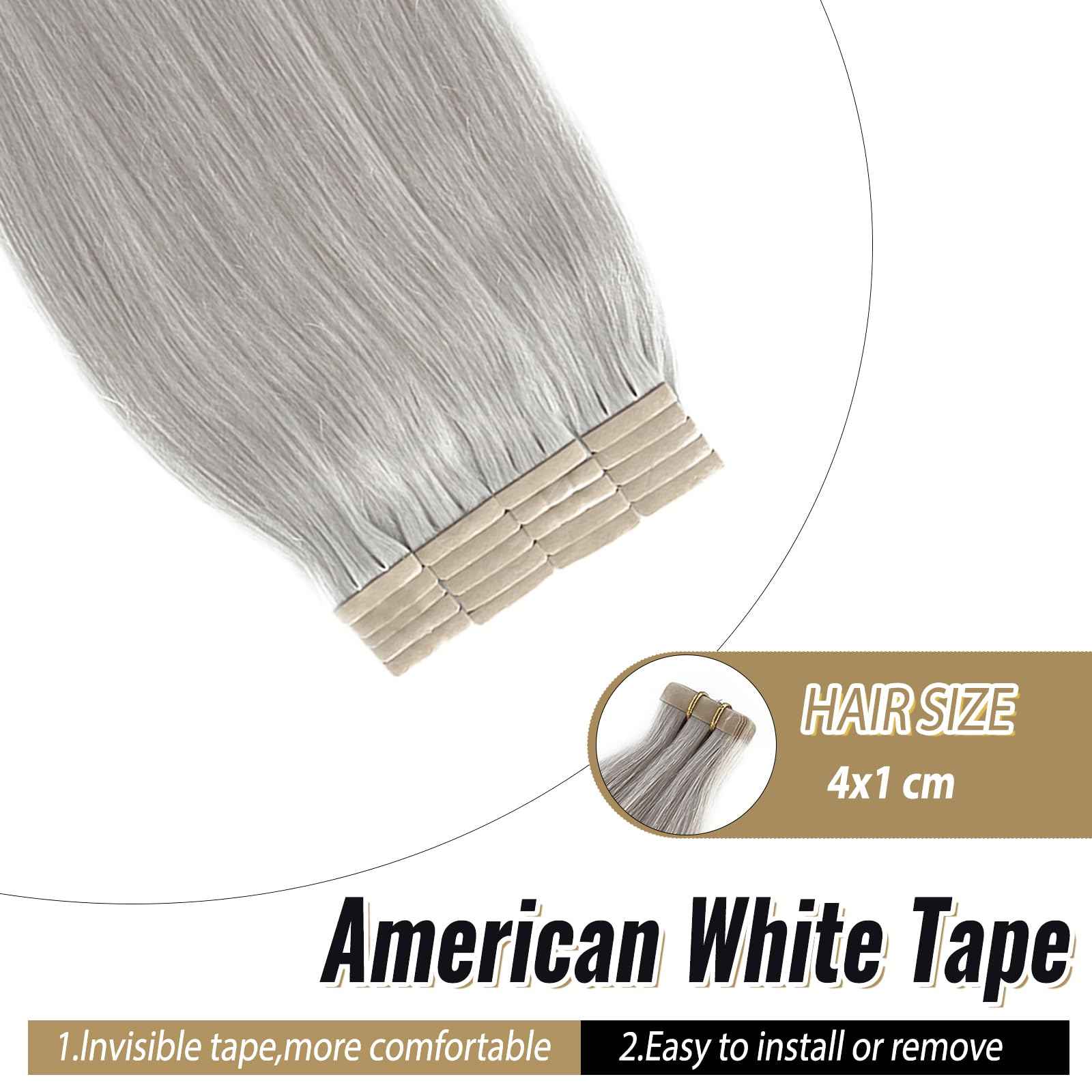 Platinum Silver Invisible Seamless Tape in Hair Extensions Human Hair 16inch Silver Grey Double Sided Pu Hair Extensions Tape ins Human Hair for Women 50g/Pack