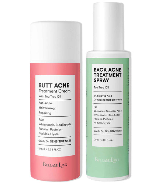 BellamiLuxx Body Acne Care Set: Butt Acne Treatment Lotion + Back & Body Acne Spray with 2% Salicylic Acid & Tea Tree Oil – Clears Breakouts, Soothes Redness & Prevents Bacne for Men, Women & Teens