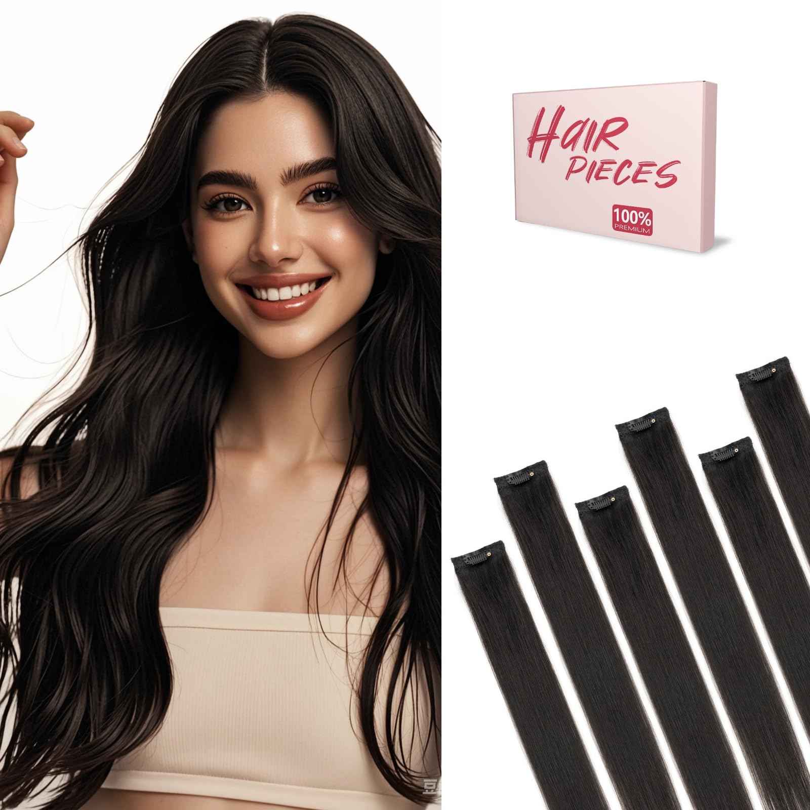 TESSHAIR 6PCS Clip in Hair Extensions Real Human Hair, Short Hairpieces for Women Single Clip Ins to add Highlights & Volume, No Tangle & Smooth,12 Inch 33g #1B Natural Black