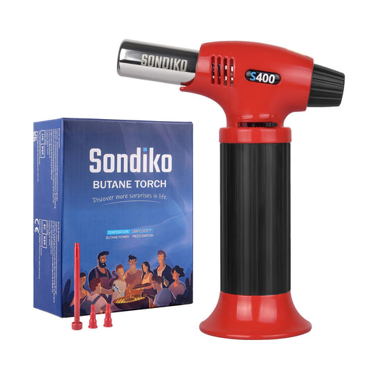 Sondiko S400 Butane Torch, Refillable Kitchen Lighter with Safety Lock, Adjustable Flame for Creme Brulee, Baking—Red