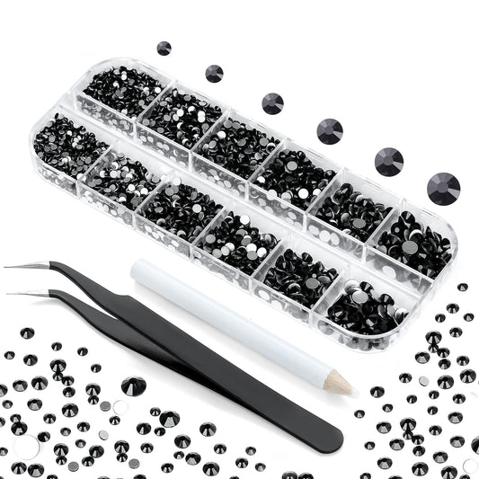 Nibiru 3992 Pieces Art Nail Rhinestones Flat Back Gems Round Crystal Rhinestones 6 Sizes with Pick Up Tweezer Black