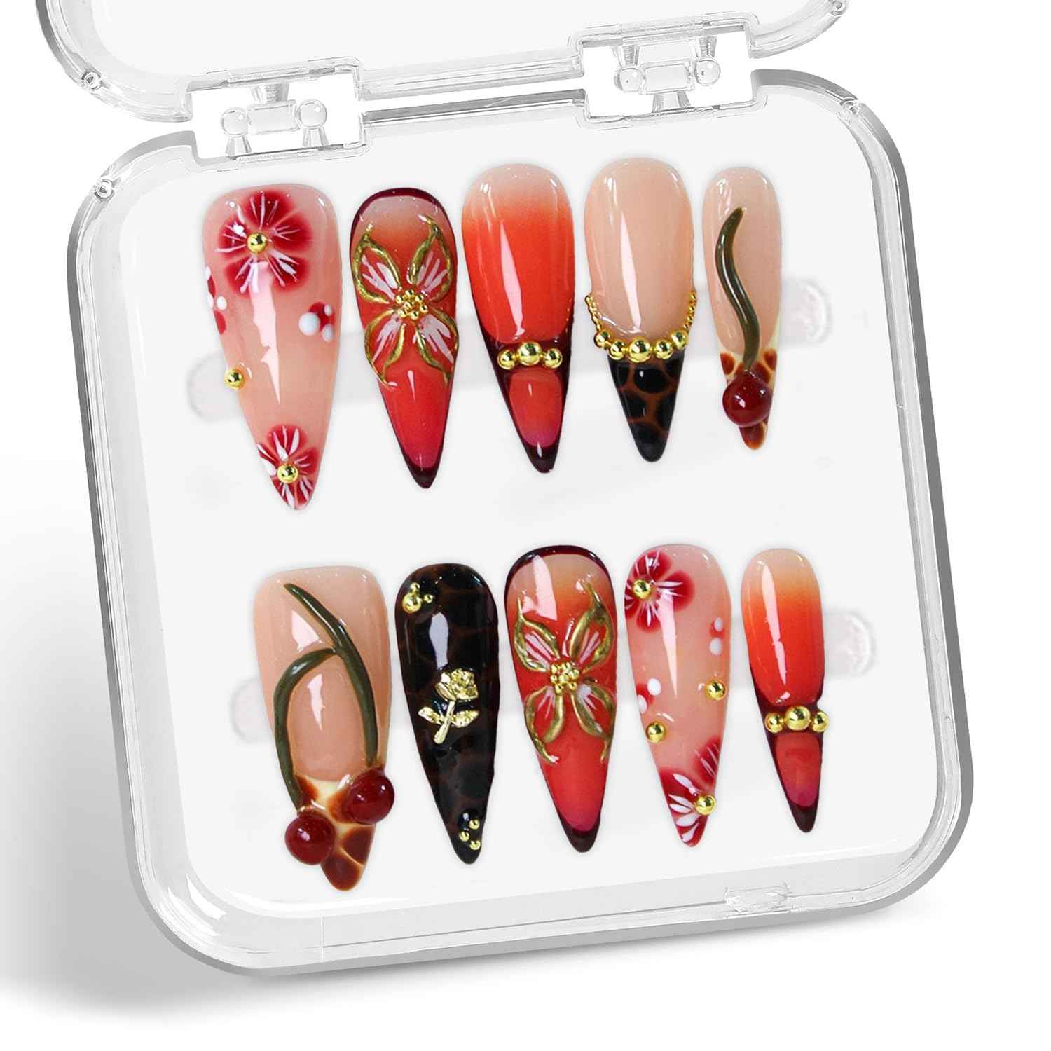 Handmade Press on Nails Medium Almond Fake Nail Unique 3D Floral & Cherry Designs Gold Rose Red Gradient Reusable Flower Stick on Nail Thicked French Tip Acrylic False Nails for Women (M)