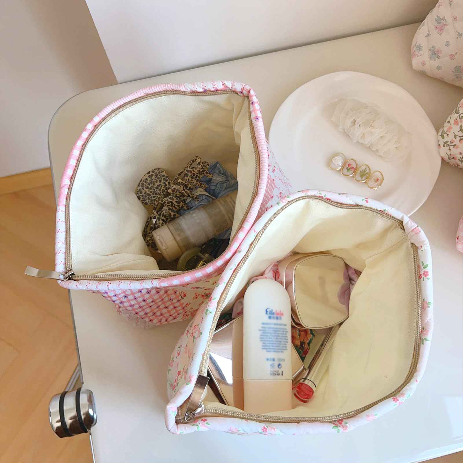Sminra 2 Pieces Floral Makeup Bag, Cute Travel Quilted Cotton Small Cosmetic Bag Organizer, Coquette Aesthetic Preppy Pouch Purse Toiletry Bag for Women Girls accessories