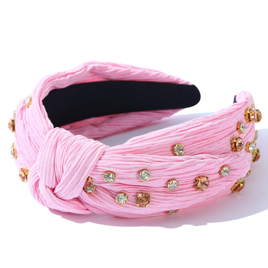 CULHEITE Rhinestone Jeweled Headbands for Girls Pink Wide Pleated Hair band Non-slip Plain Cute Turban Fashion Hair Accessories Gifts