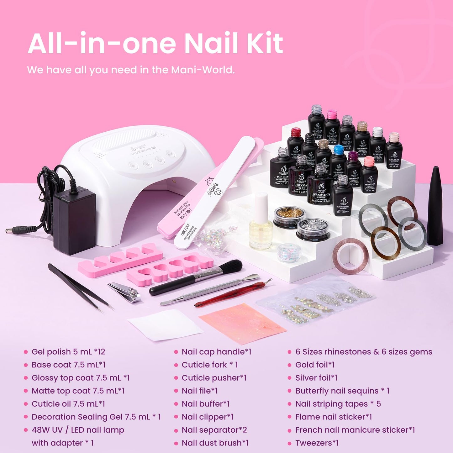 Beetles 12 Colors Gel Nail Polish Kit with U V Light 48W LED Nail Lamp Gel Base Top Coat Pink White Purple Glitter Gel Polish Set Nail Art Rhinestone Gems Manicure Gel Nail Polish