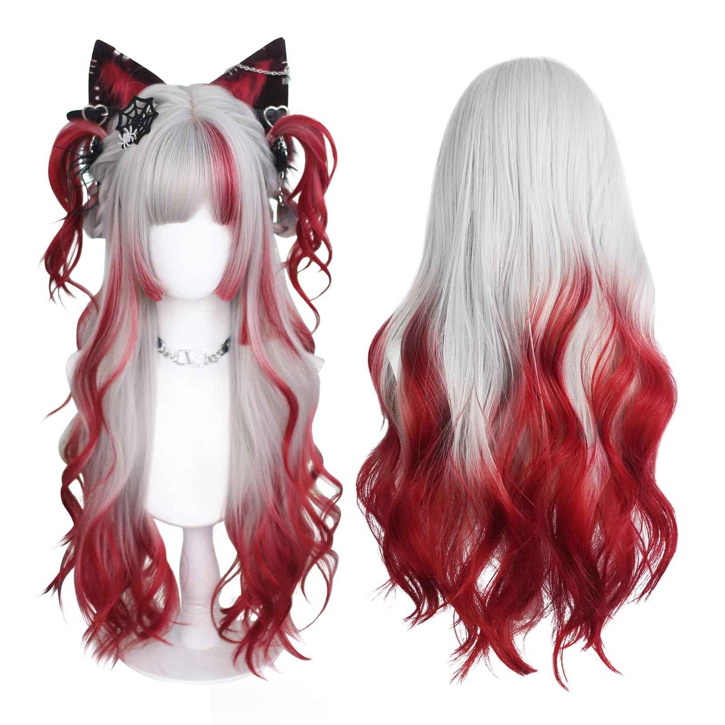 KORURACLUB gradient Wigs cosplay Wig pink Wigs lolita wigs anime Wig halloween Wigs for women (No accessories included) (Crimson Silver Glow)