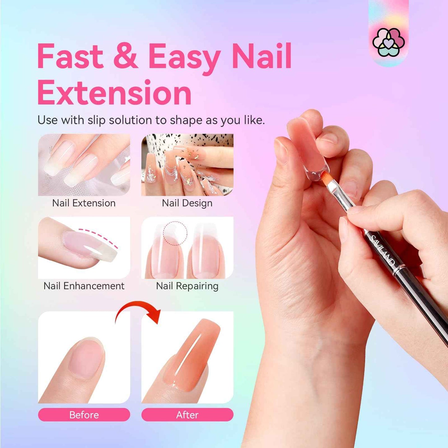 SAVILAND Ultimate Poly Gel Nail Duo: 20-Color Collection + 100g Clear Extension Gel Kit with Slip Solution Prep (Salon-Grade DIY Manicure Set for Nail Art & Extensions)