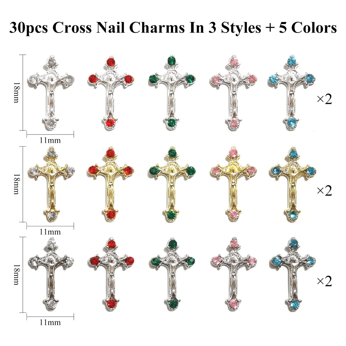 3D Cross Nail Charms for Acrylic Nails, 30pcs Cross Nail Decorations for Nail Art, Gems Diamond Nail Decor, Silver Nail Charm Metal Alloy Crystal Rhinestones Nail Studs for Women DIY Jewelry Crafts