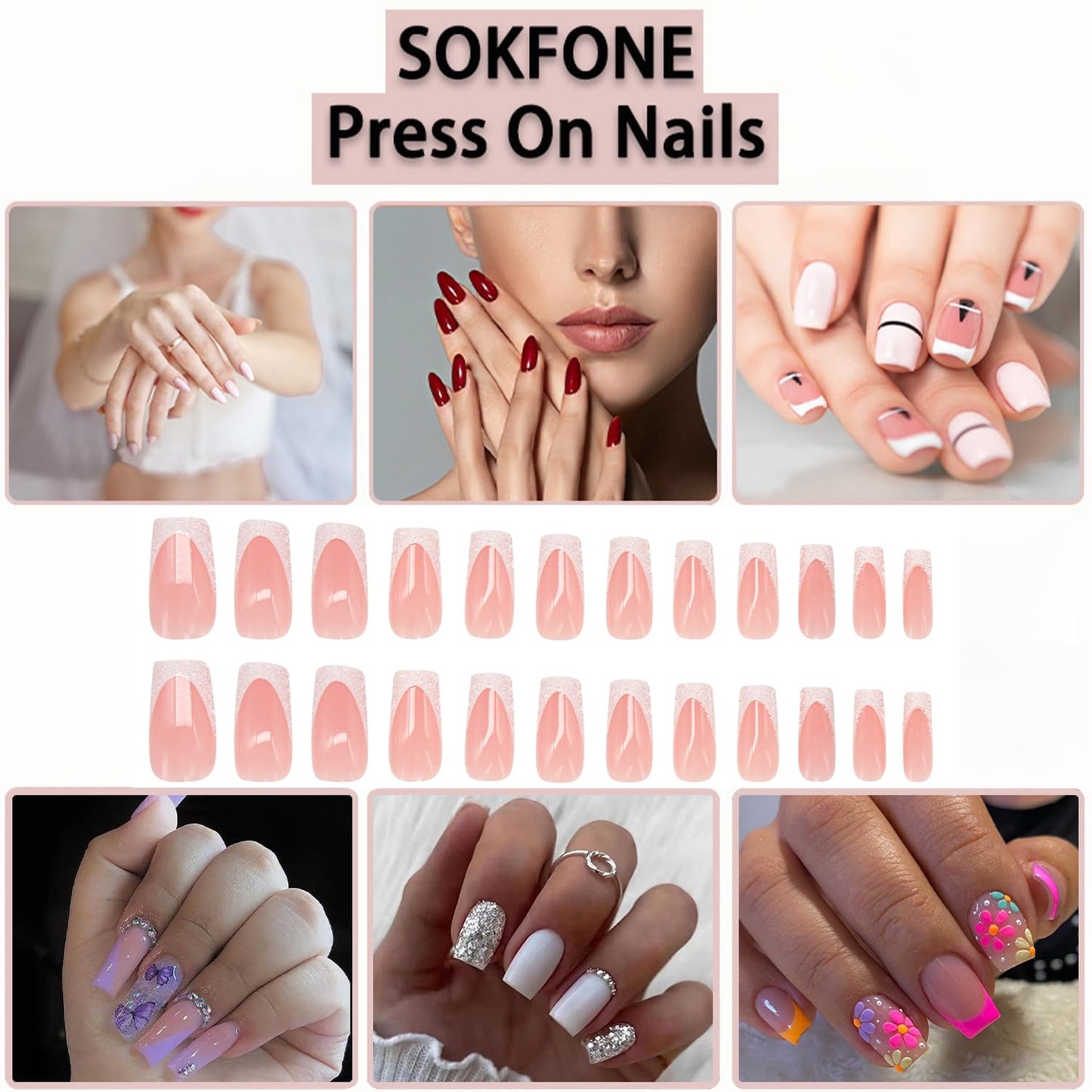 French Tip Fake Nails Medium Square Press on Nails Pink False Nails Glitter with Designs Acrylic Nails Glossy Full Cover Glue on Nails for Women Girls 24Pcs