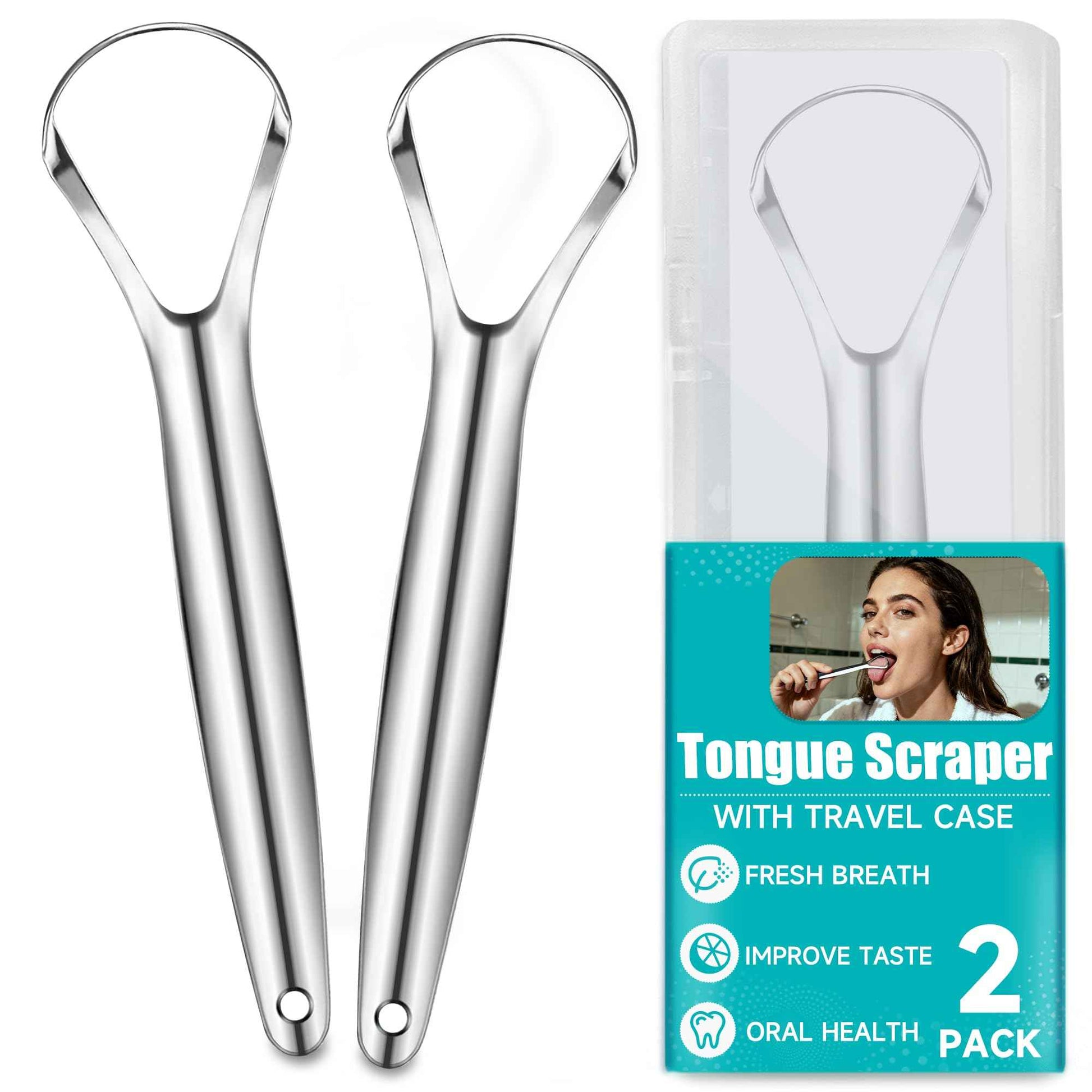 EZ COZY 2 Pack Tongue Scraper for Adults, Reduce Bad Breath, Tongue Cleaner with Travel Case, Stainless Steel Tongue Scrapers, Tongue Brush, Tongue Scrubber for Oral Care & Hygiene