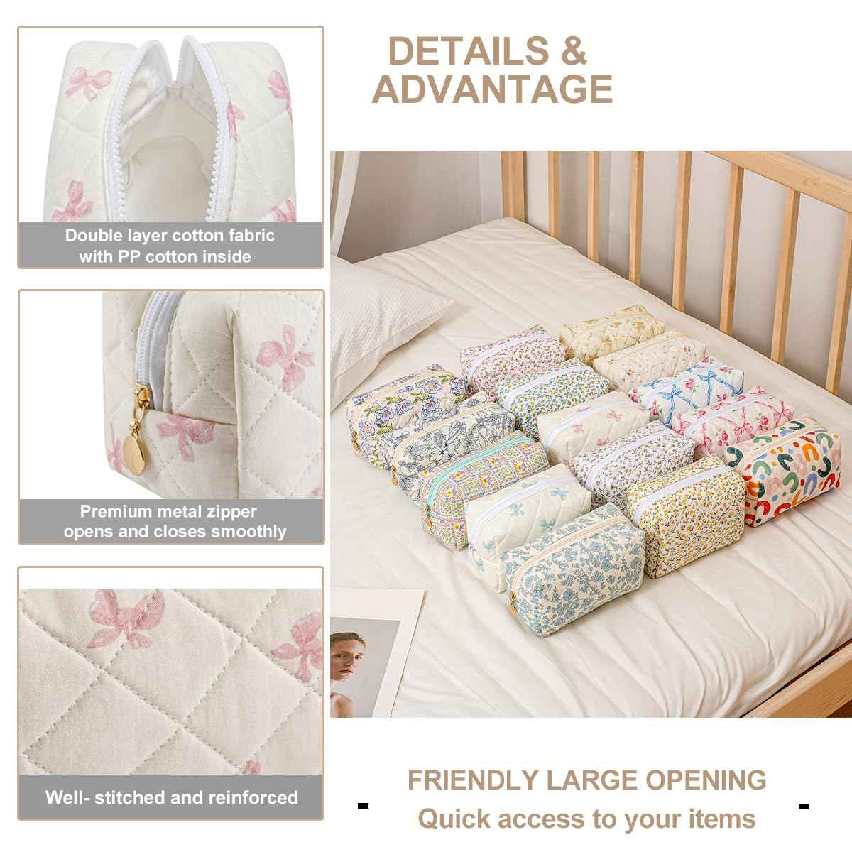 Gleyemor Small Quilted Makeup Bag for Women, Cute Floral Bow Cosmetic Bag, Emergency Bag Travel Toiletry Cotton Pouch Gifts for Girls Her Mom Friend Sister Bridesmaid (Small Pink Bowknot)