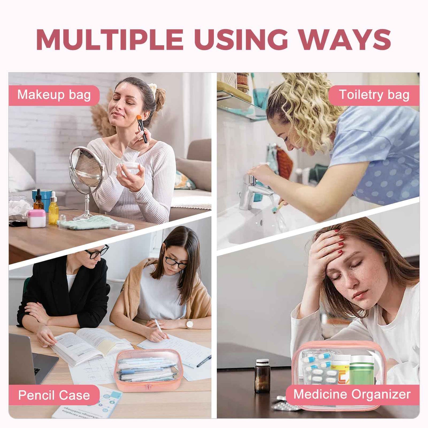 Moyad TSA Approved Clear Toiletry Bag, 1 Pack Quart Size 3-1-1 Liquids Pouch for Travel, Transparent Makeup & Cosmetic Organizer for Women Men, Peach Pink