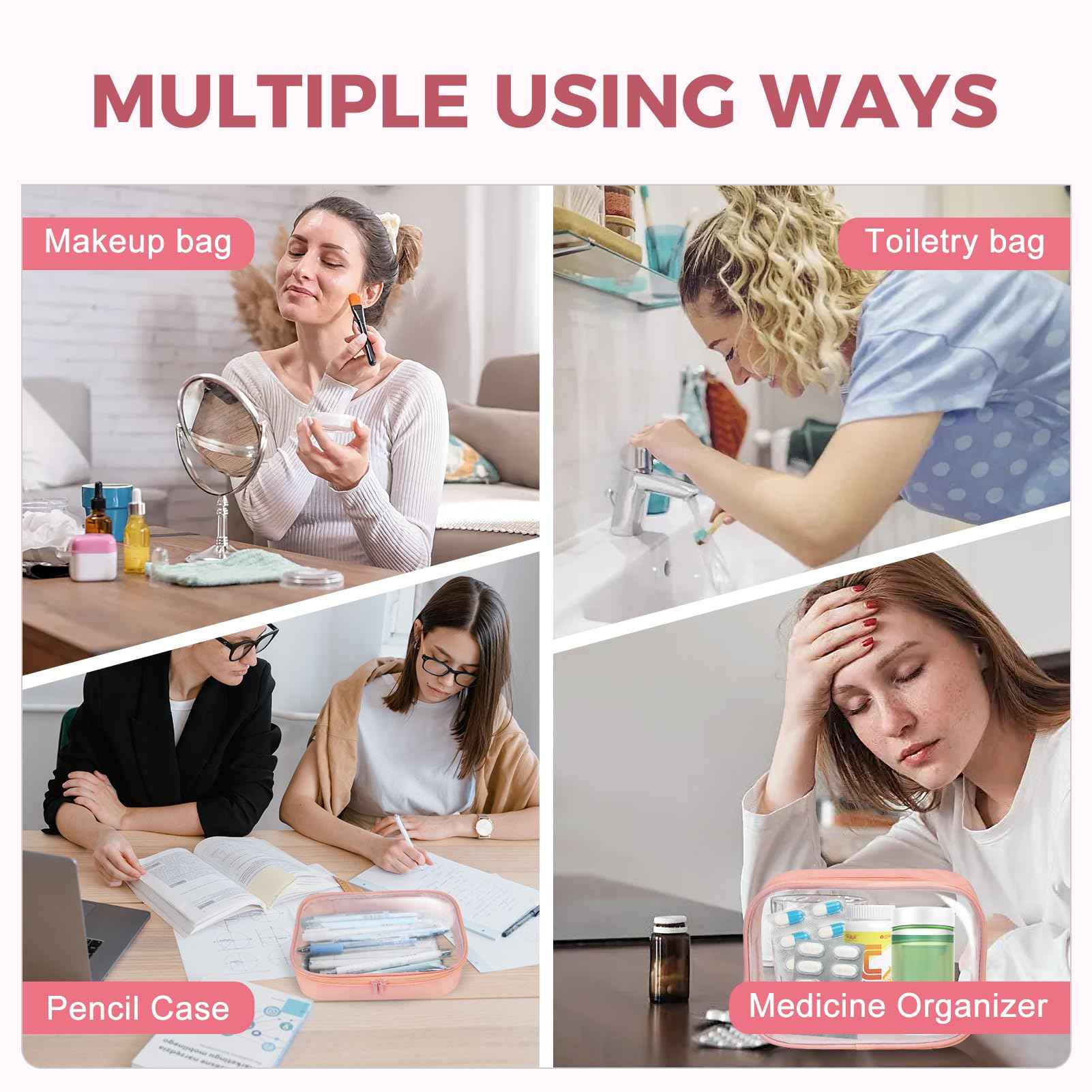 Moyad TSA Approved Clear Toiletry Bag, 1 Pack Quart Size 3-1-1 Liquids Pouch for Travel, Transparent Makeup & Cosmetic Organizer for Women Men, Peach Pink