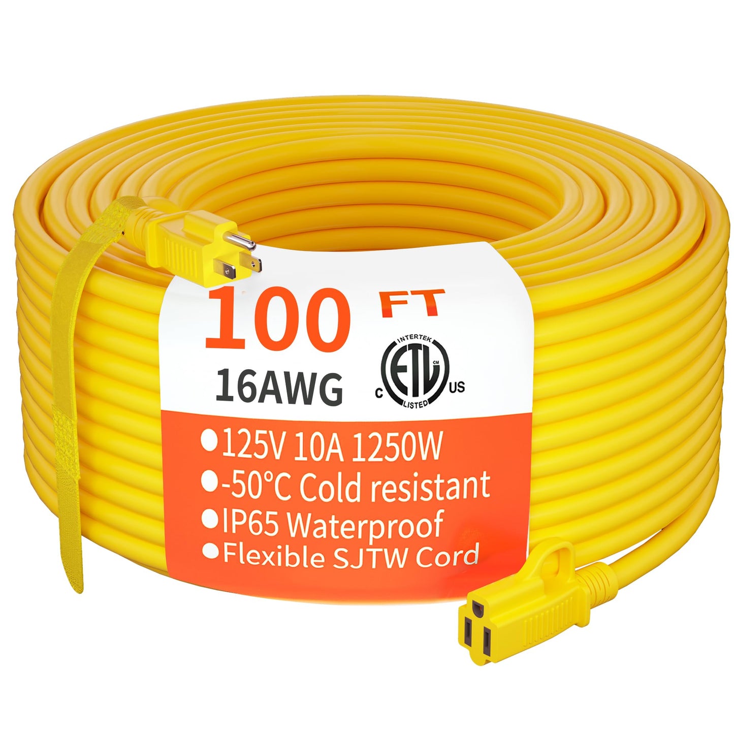 HUANCHAIN Outdoor Extension Cord 100 ft Waterproof, 16/3 Gauge Flexible Cold-Resistant Appliance Extension Cord Outside, 10A 1250W 16AWG SJTW, 3 Prong Heavy Duty Electric Cord Yellow, ETL