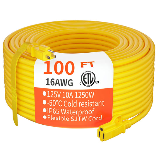 HUANCHAIN Outdoor Extension Cord 100 ft Waterproof, 16/3 Gauge Flexible Cold-Resistant Appliance Extension Cord Outside, 10A 1250W 16AWG SJTW, 3 Prong Heavy Duty Electric Cord Yellow, ETL