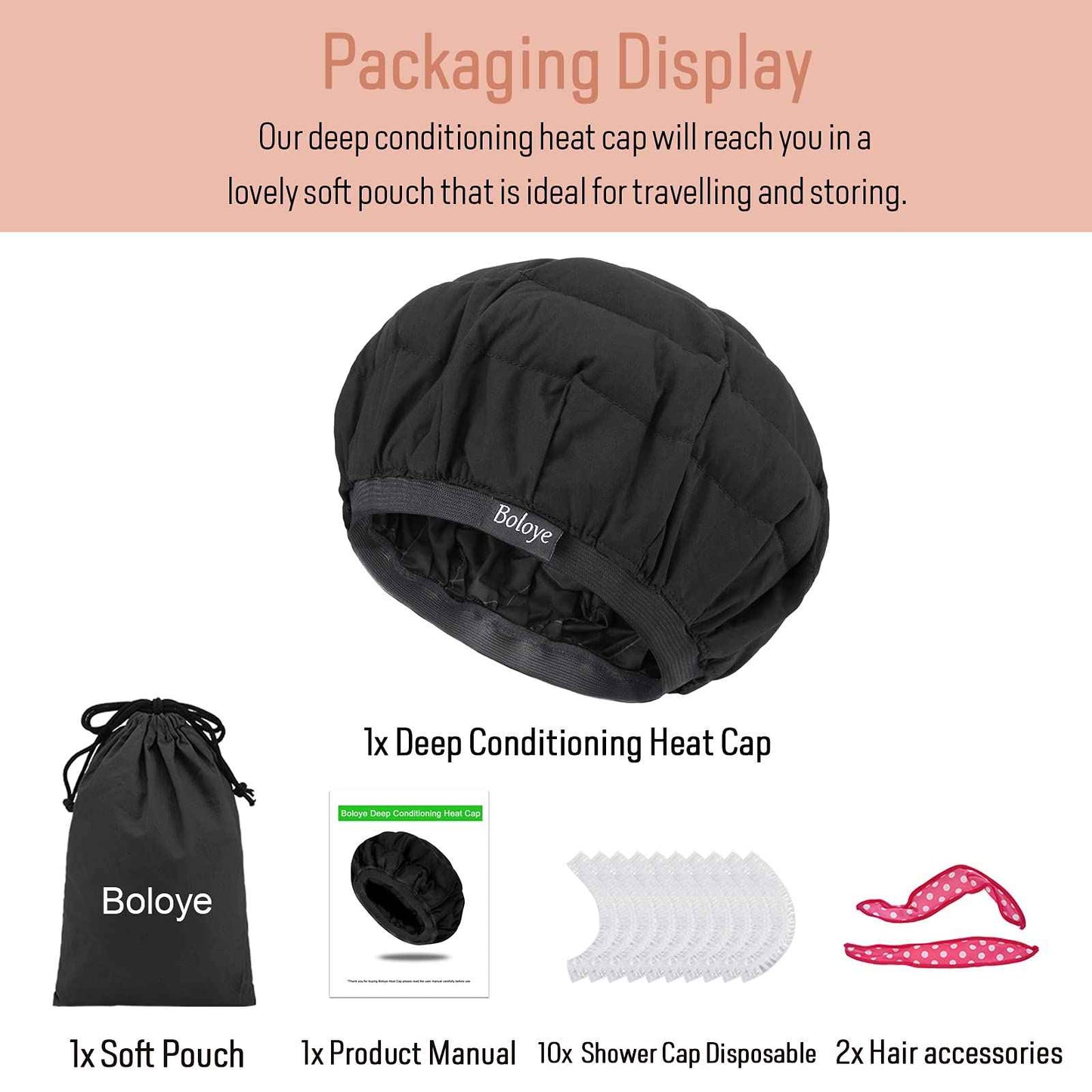 Flaxseed Deep Conditioning Heat Cap - Boloye Cordless 100% Safe Microwave Hot Cap for Natural Curly Textured Hair Care, Drying, Styling, Curling, Universal size (10 PCS One-time shower cap) (Black)