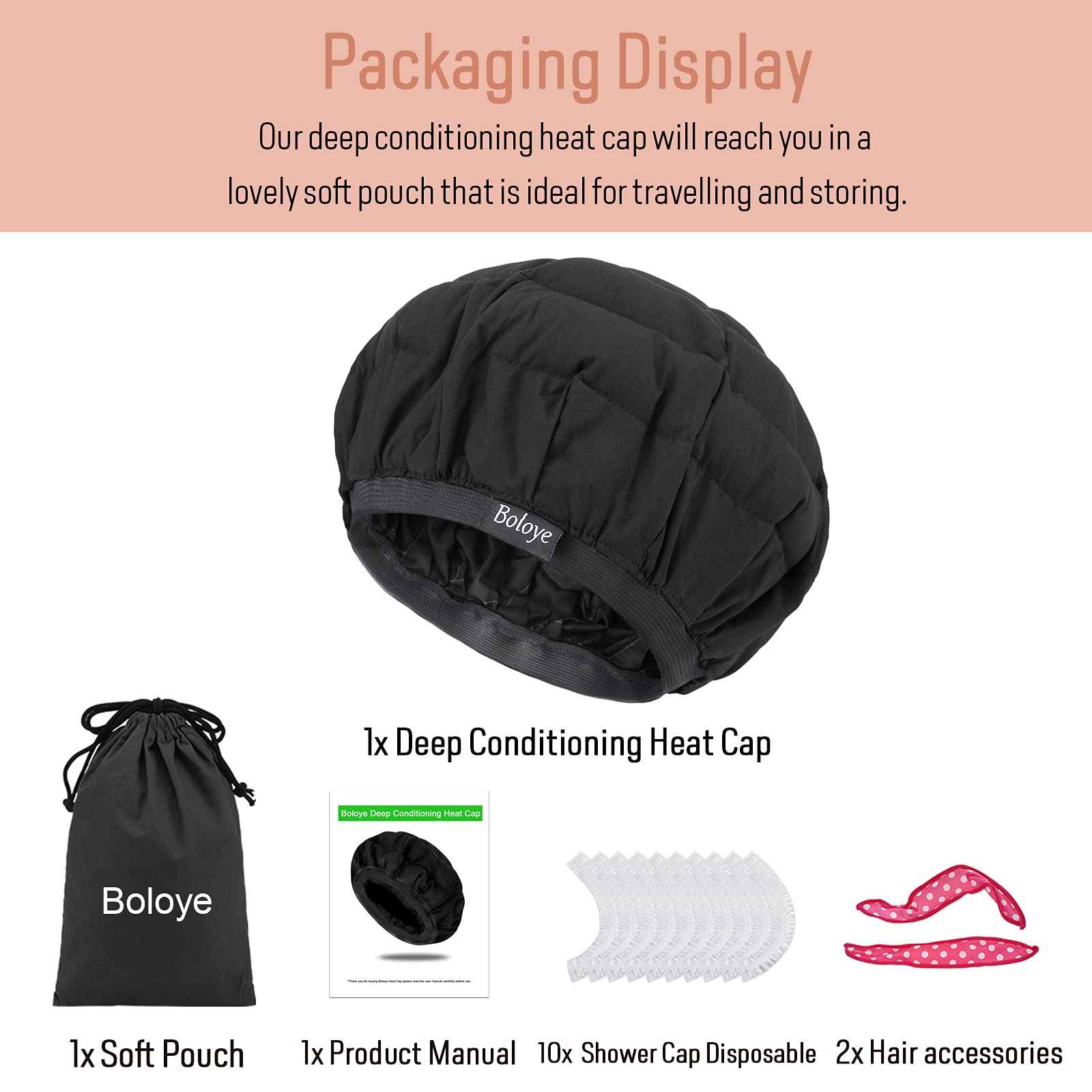 Flaxseed Deep Conditioning Heat Cap - Boloye Cordless 100% Safe Microwave Hot Cap for Natural Curly Textured Hair Care, Drying, Styling, Curling, Universal size (10 PCS One-time shower cap) (Black)