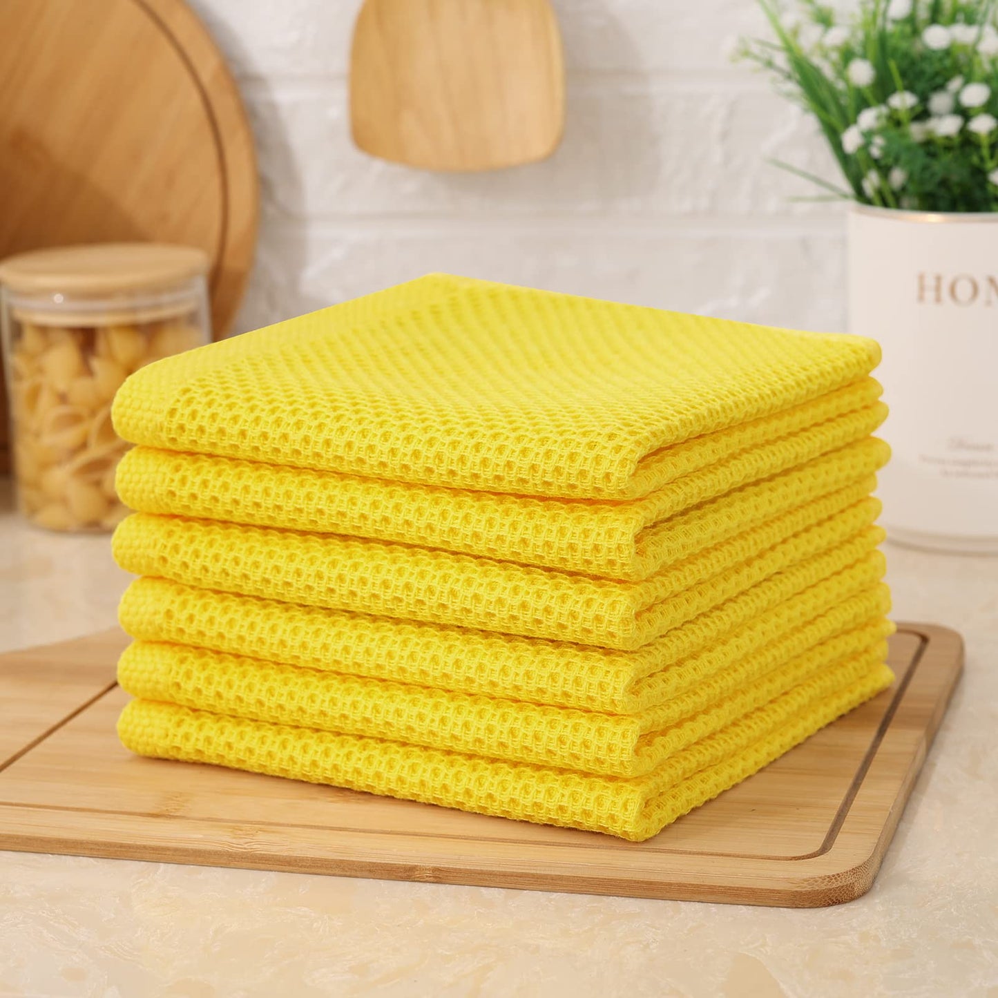 Kitinjoy 100% Cotton Kitchen Dish Cloths, 6 Pack Waffle Weave Ultra Soft Absorbent Dish Towels for Drying Dishes Quick Drying Kitchen Towels Dish Rags, 12 X 12 Inches, Yellow