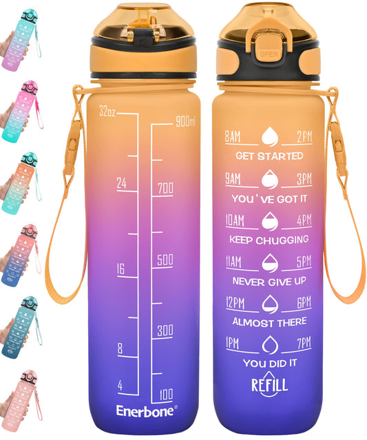 Enerbone 32 oz Drinking Water Bottle with Times to Drink and Straw, Motivational with Carrying Strap, Leakproof BPA & Toxic Free, Ensure You Drink Enough Water for Fitness Gym Outdoor