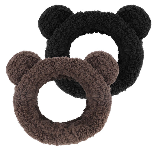 WHAVEL 2PCS Spa Headband Cute Headband for Washing Face, Bear Ears Makeup Headband Kawaii Skincare Headbands Face Wash Headband Soft Facial Hair Band (Brown,Black)