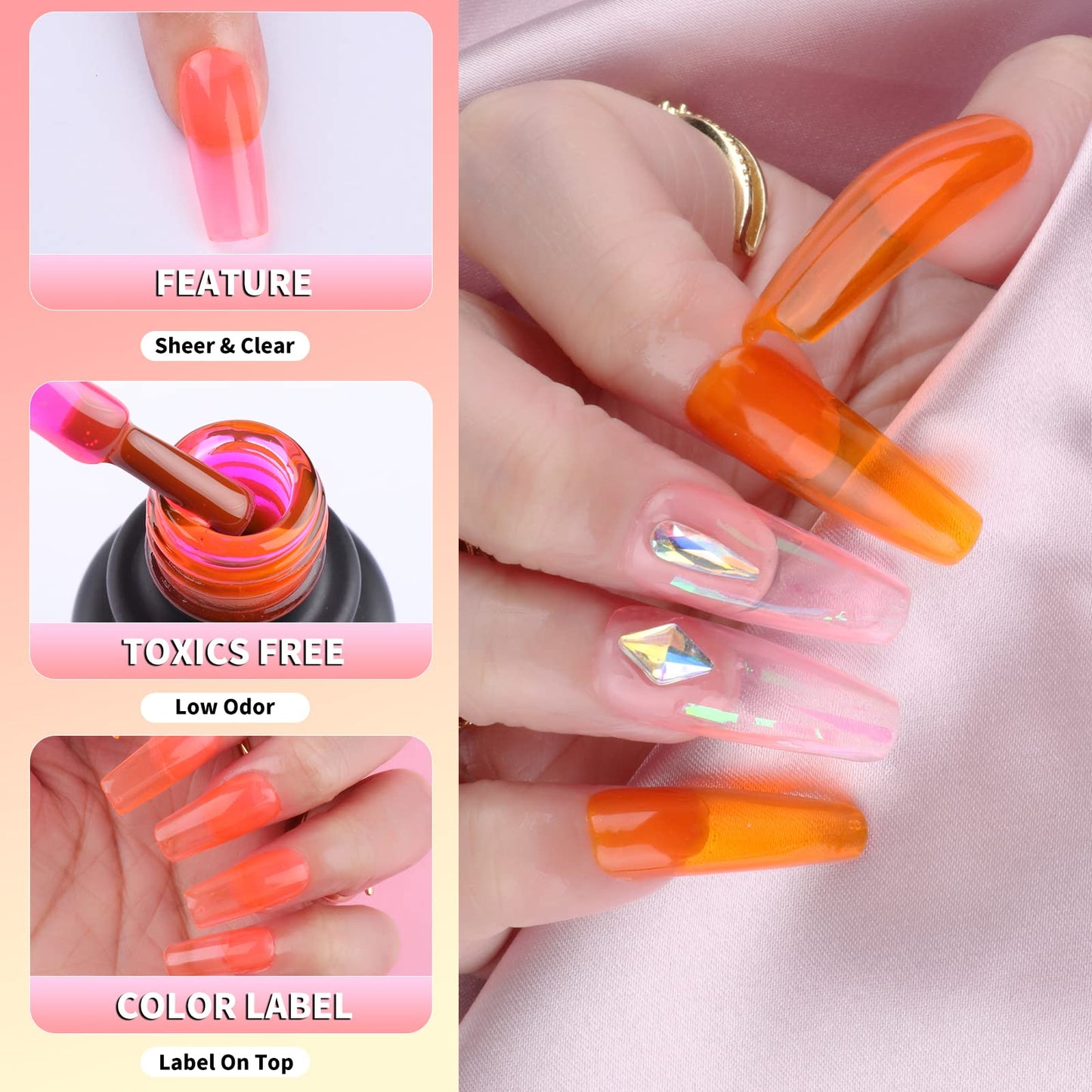 noirwhite Jelly Gel Nail Polish, 12 Pcs Glossy Trendy Colors Transparent Nail Polish Set Nude Pink Purple Green Blue Yellow Colors Jelly Nail Polish Kit UV LED Soak Off Home DIY Nail Art Salon