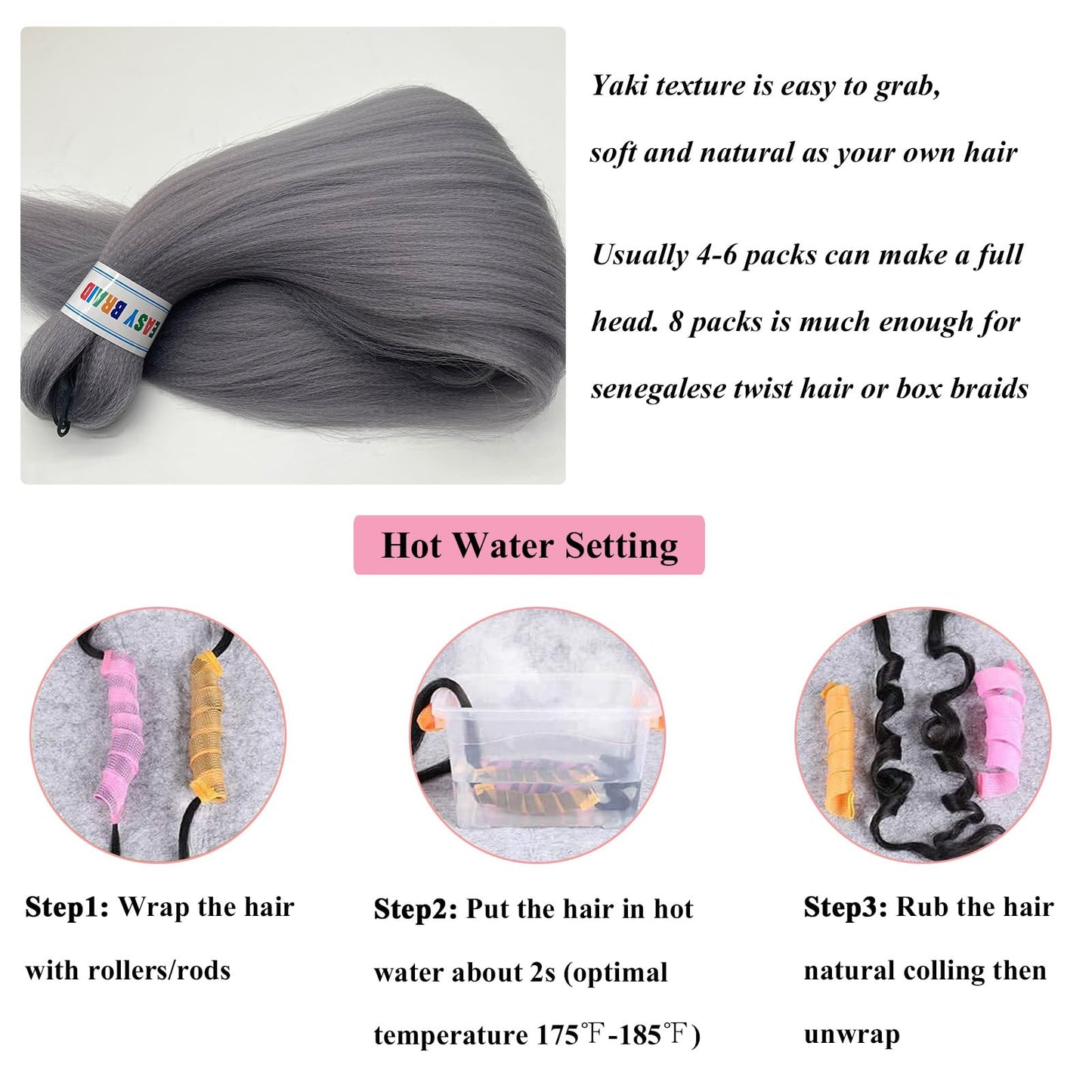 Grey Braiding Hair Pre Stretched Kanekalon Long Braiding Hair 26 Inch Fake Synthetic Hair for Braiding Extensions Micro Crochet Clean Therapy Prestretched Prestressed Braiding Hair UPruyo (3 Packs)