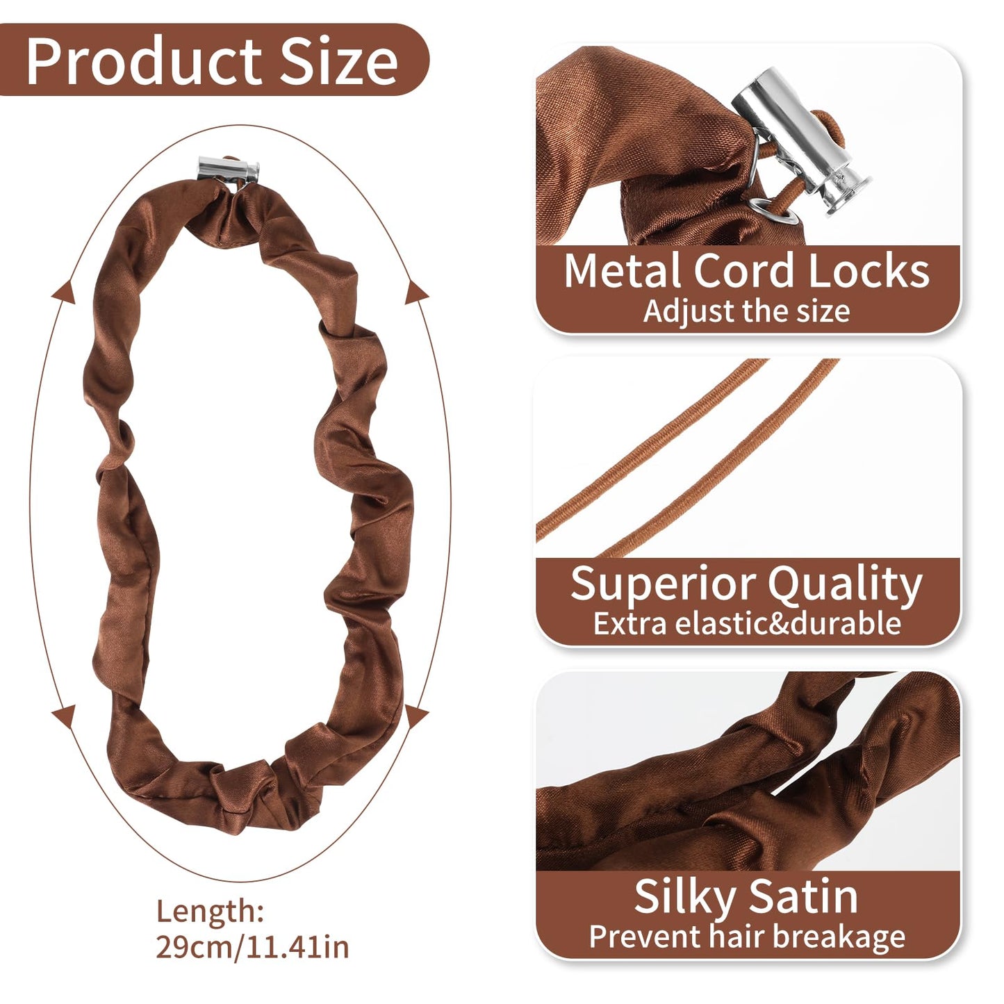 simarro Adjustable Hair Tie 3pcs Silk Satin Extra Length Hair Scrunchies No Slip Ouchless Hairband High Elasticity No Damage Hair tie, for Thick Curly Natural Hair, Ponytails(Brown)