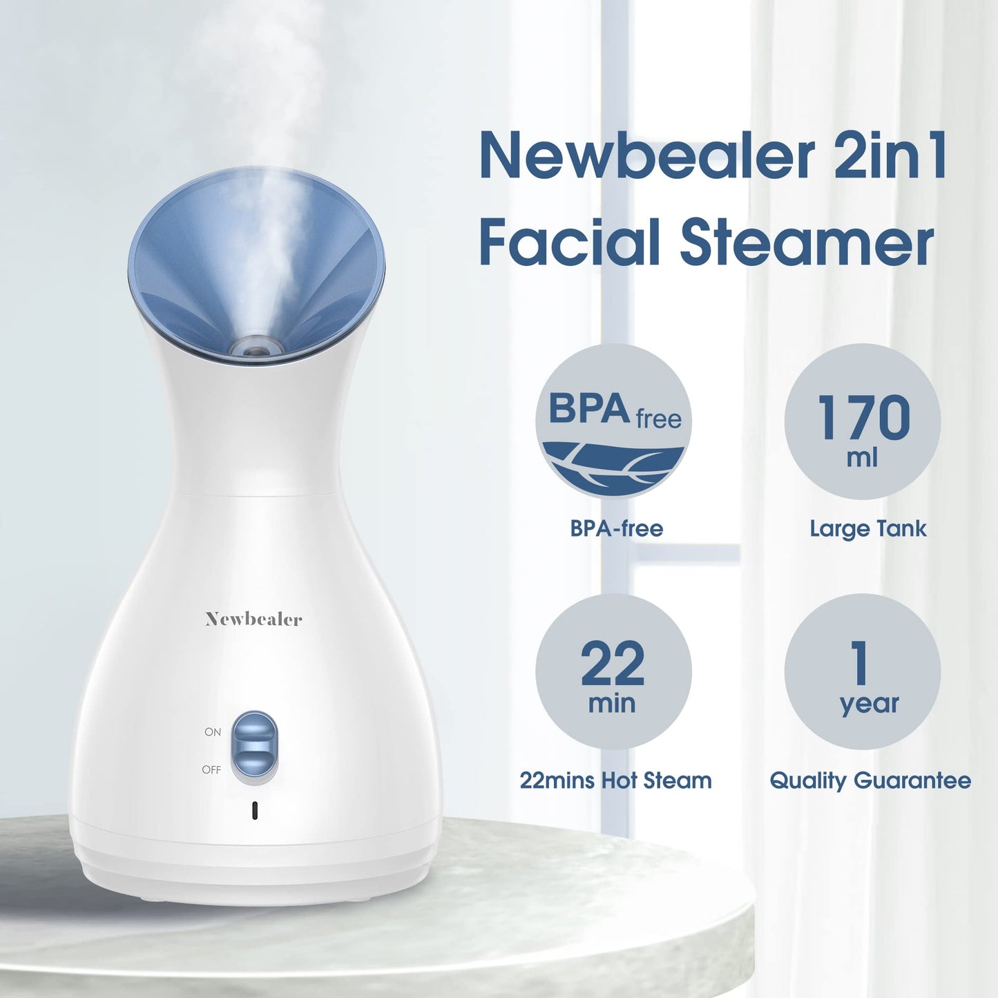 Newbealer 2in1 Facial Steamer, Hot Mist Facial Aromatherapy Humidifier Atomizer, Large Face Steamer Unclogs Pores Sinuses Moisturizing, Home Sauna Spa with Eyebrow Set (Blue, 170 ml)