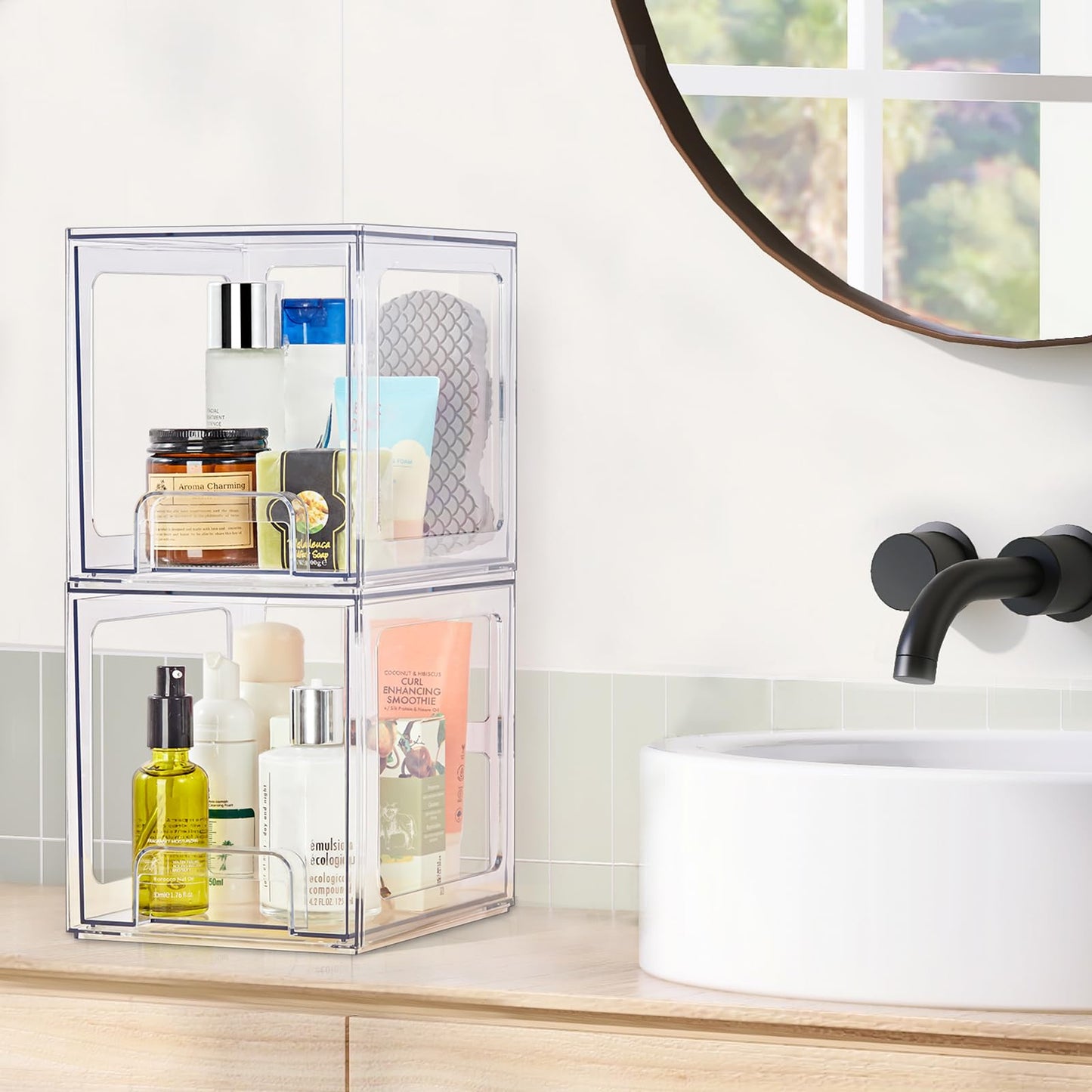 SMARTAKE 2 Pack Stackable Makeup Organizer Drawers, Acrylic Bathroom Organizers, 6.6'' Tall Clear Plastic Storage Drawers for Vanity, Undersink, Kitchen Cabinets, Skincare, Pantry Organization