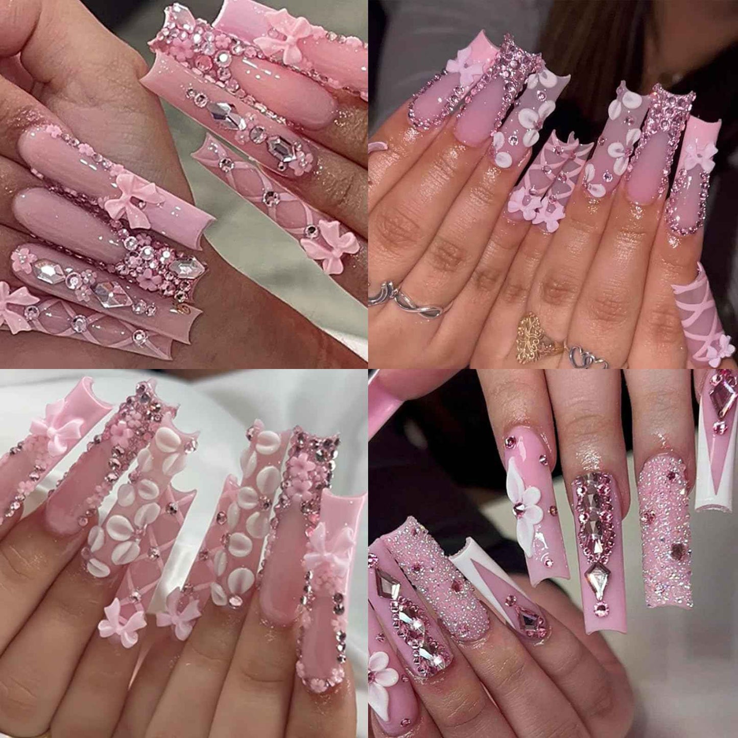Yzzseven 14 Types of 700 Pink Diamonds + 1500 Flat Rhinestones Mix 20 Styles Flatback DIY Crafts Rhinestone Crystals 3D Ornament‌s Flat Back Stones Set + Tweezers + Drill Pen