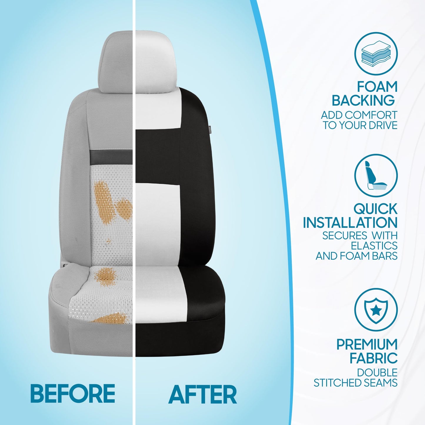 BDK PolyPro Car Seat Covers Full Set in White on Black, Front and Rear Split Bench Seat Covers for Cars, Easy to Install Car Seat Cover Set, Car Accessories for Auto Trucks Van SUV - White