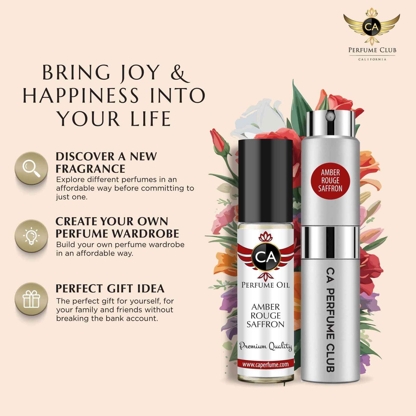 CA Perfume Duo Impression of Amber Rouge Saffron For Women and Men Fragrance Layering Set Bundle – Eau De Parfum + Body Oil Roll-On Bottle (Set of 2, 0.27 Fl Oz + 0.33 Fl Oz)