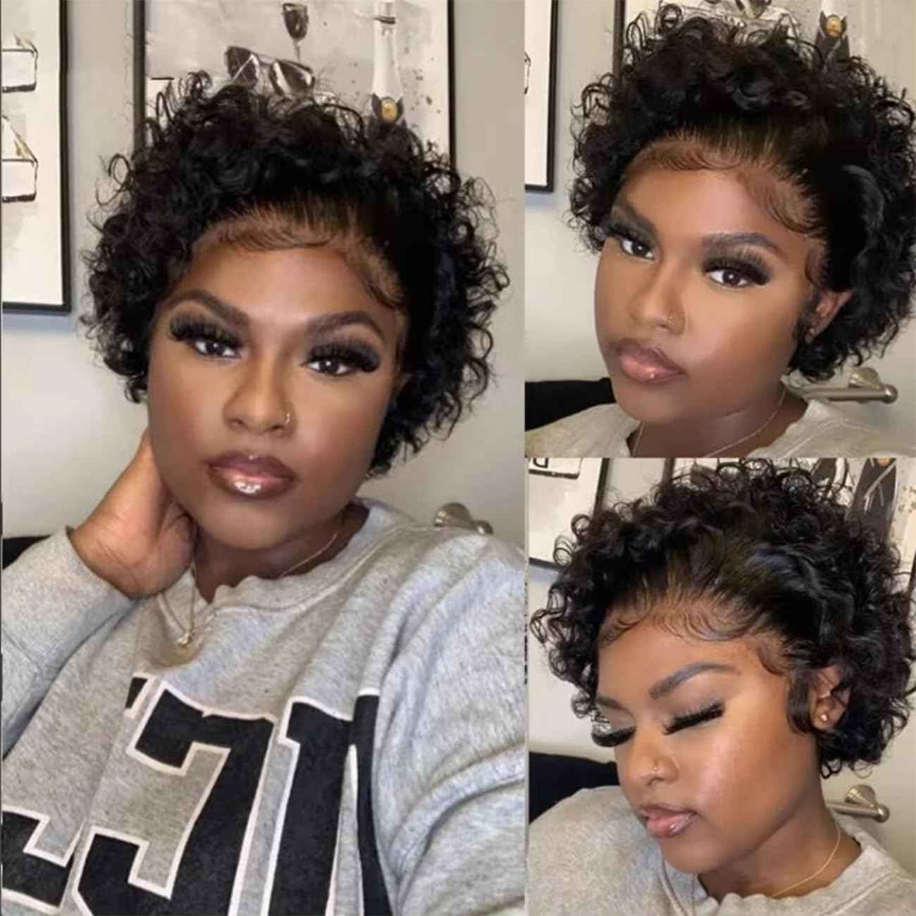 Bworto Pixie Cut Short Bob Glueless Frontal Wigs Human Hair Pre Plucked Deep Wave 13x4 Hd Lace Front Curly Wigs for Black Women Glueless Wig 6 Inch
