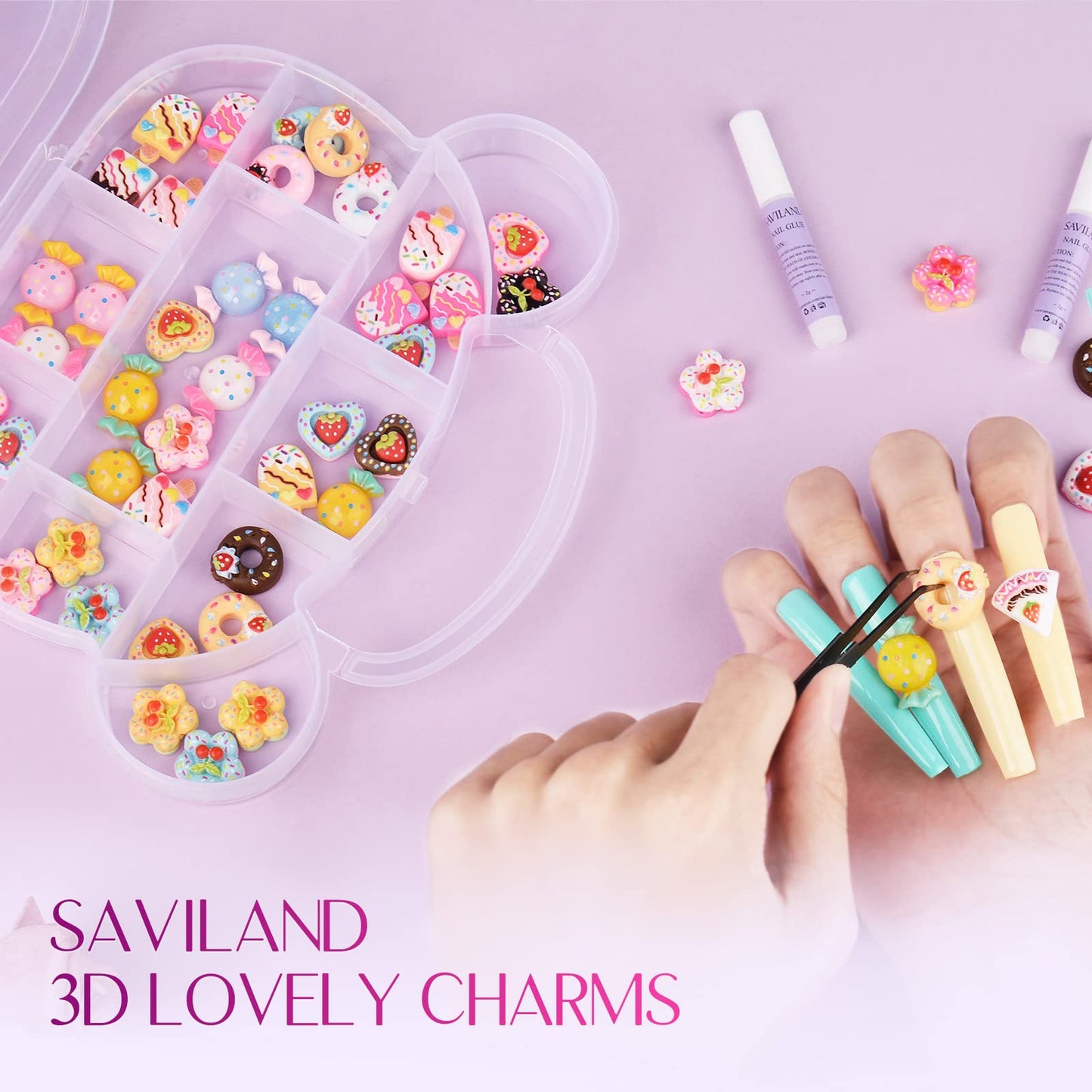 Saviland 3D Nail Charms Set - 50PCS Nail Decorations Charms Colorful Kawaii Candy Accessories Nail Art Supplies Starter Set Design Acrylic Nails for Women Girls Nail Salon Home DIY Craft