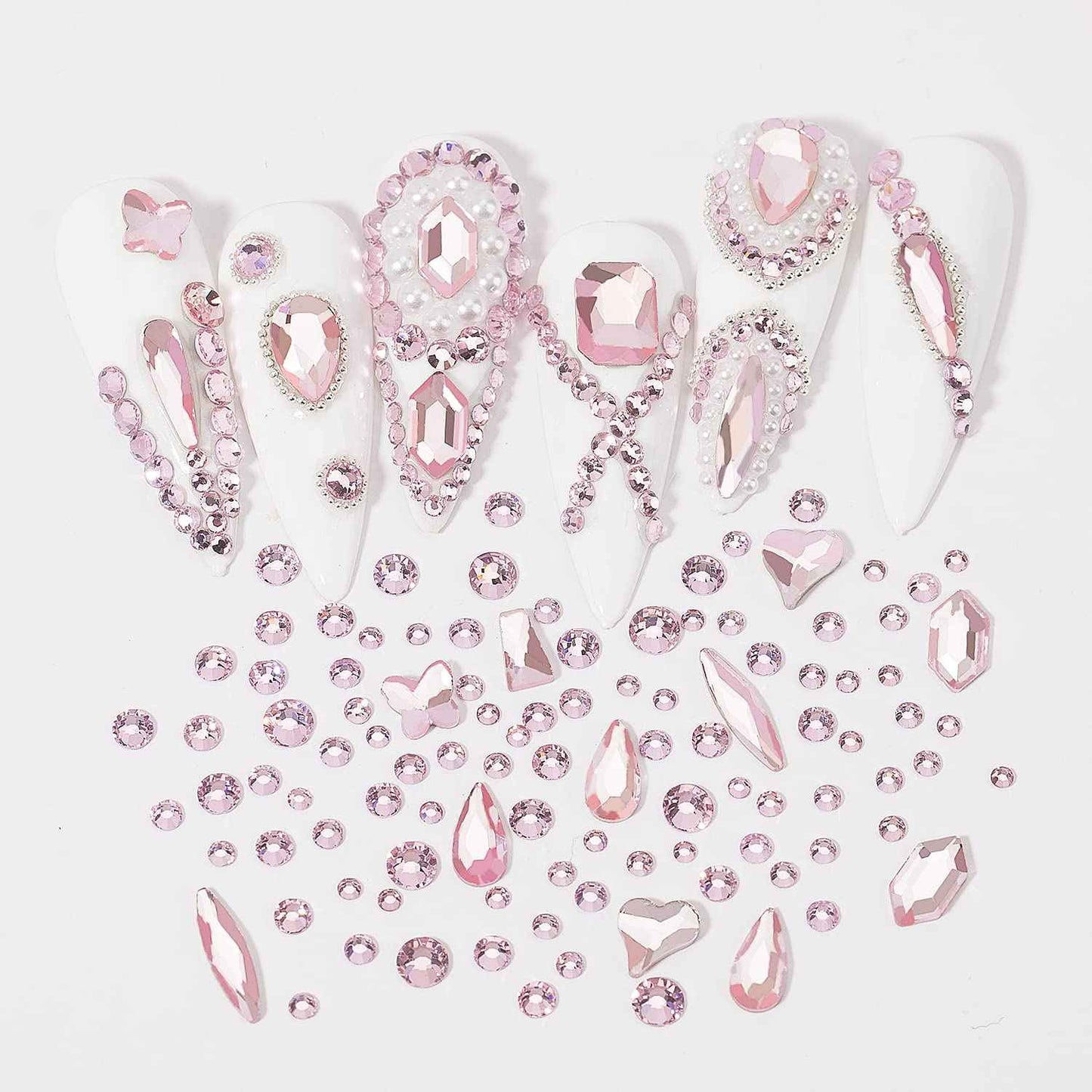 DZHILHMX Nail Rhinestones - 4300pcs Light Pink, Multiple Shape Gems, Flat Back Rhinestones, with Kit and Glue Gel, for Nail Art
