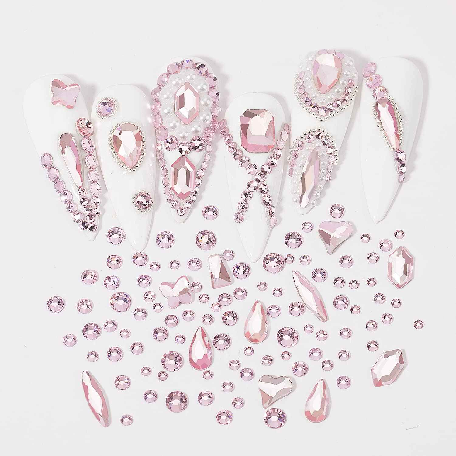 DZHILHMX Nail Rhinestones - 4300pcs Light Pink, Multiple Shape Gems, Flat Back Rhinestones, with Kit and Glue Gel, for Nail Art