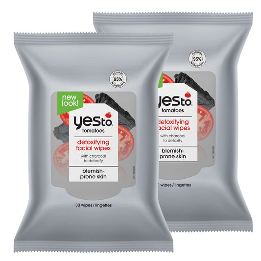 Yes To Face Wipes for Women and Men, Charcoal Facial Cleansing Wipes for use as a Make Up Remover, Cleaning, Soothing, Tomatoes (Pack of 2)