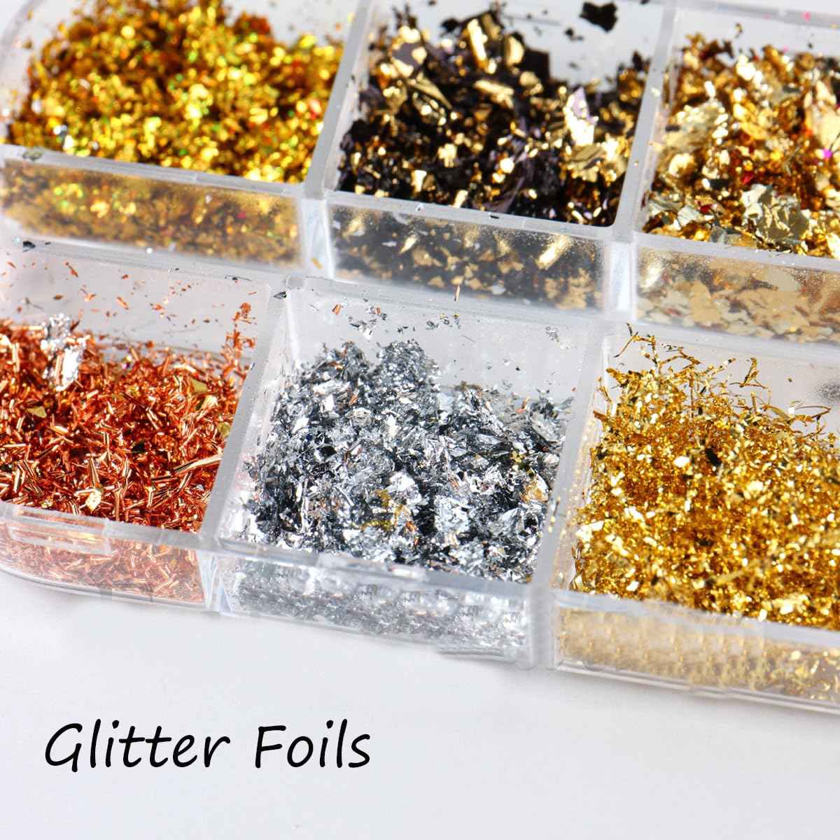 Holographic Nail Glitter Gold Foils for Women Kit -Sparkly Ultra-Thin Aluminum Foil Flake Nail Supplies Irregular Foil Glitter Flakes Design Powder Nail Glitters Sequins DIY Manicure Tip Charms Decor