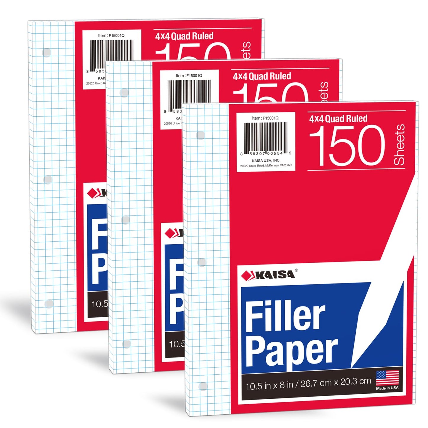 KAISA Loose Leaf Paper Filler Paper, 8"x10.5" Graph Ruled/Quad Rule Filler Paper 3-Hole Punched, Loose-Leaf Paper for 3-Ring Binders,150sheet/pack, 3pack F15001Q